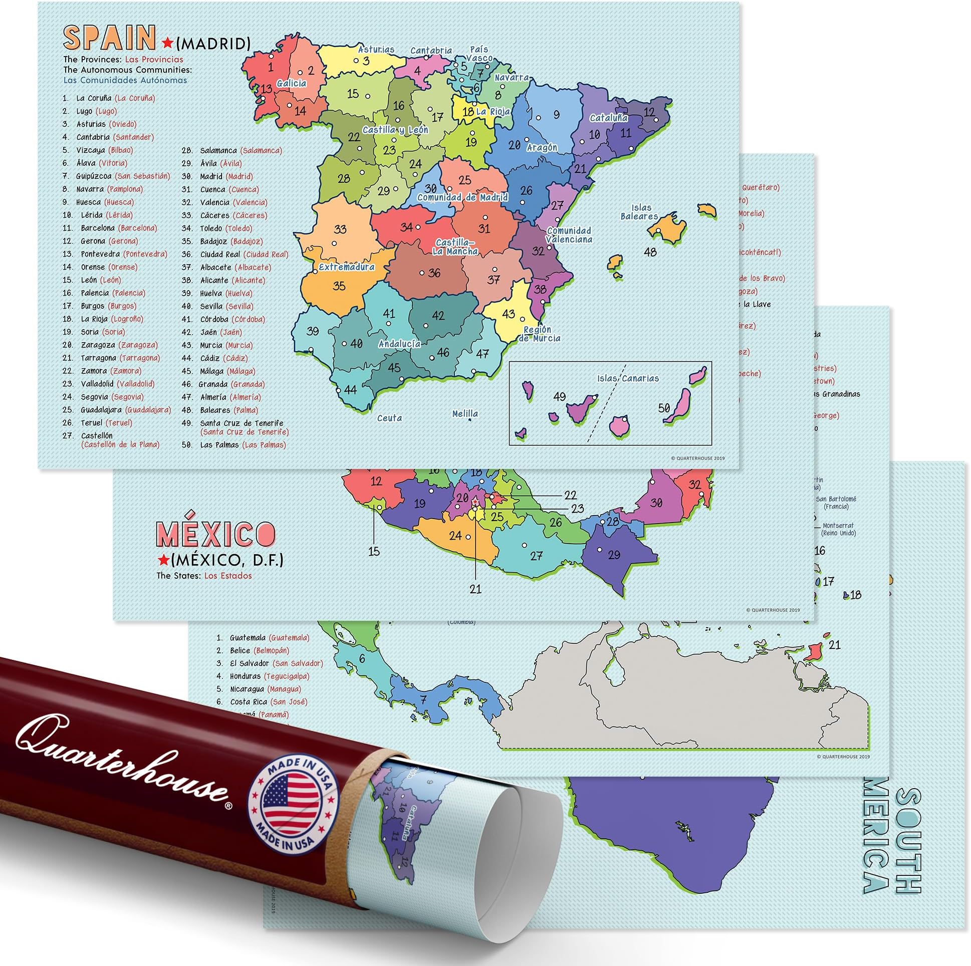 Quarterhouse 4 Poster Spanish Language Country Maps Set, Spanish Classroom Learning Materials for K-12 Students and Teachers, 12 x 18 Inches, Made in USA