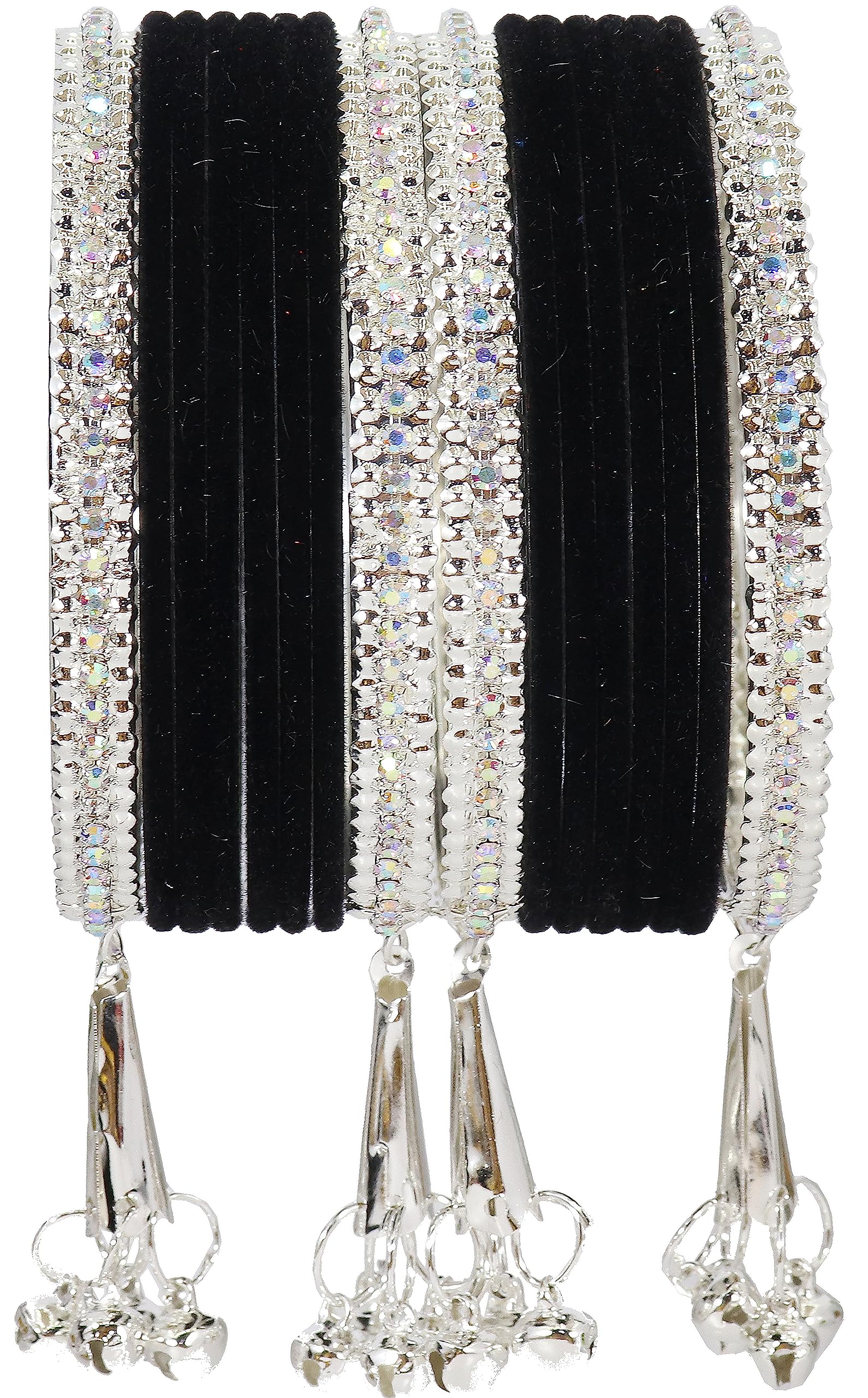 NMII Metal with Zircon Gemstone and Velvet Studded Bells Latkan Bangles Set For Girls and Women I Latkan Bangles, Premium Bangle Bracelet Set (Silver-Black-2.6 Inches), Pack Of 16 (B0C9X6NPQ5) Amazon Price History, Amazon Price Tracker