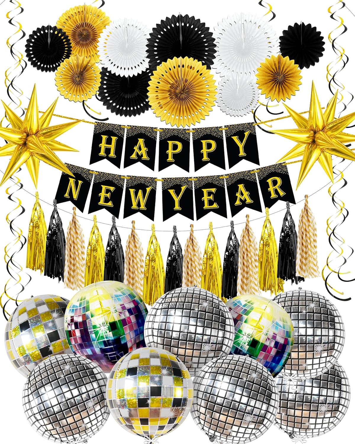 KatchOn, Happy New Year Decorations 2025 Set - Pack of 47 | Happy New Year Banner, Paper Fans, Swirls and Tassels | Multicolor Disco Ball Balloons | Disco Balloons, New Years Eve Party Supplies 2025