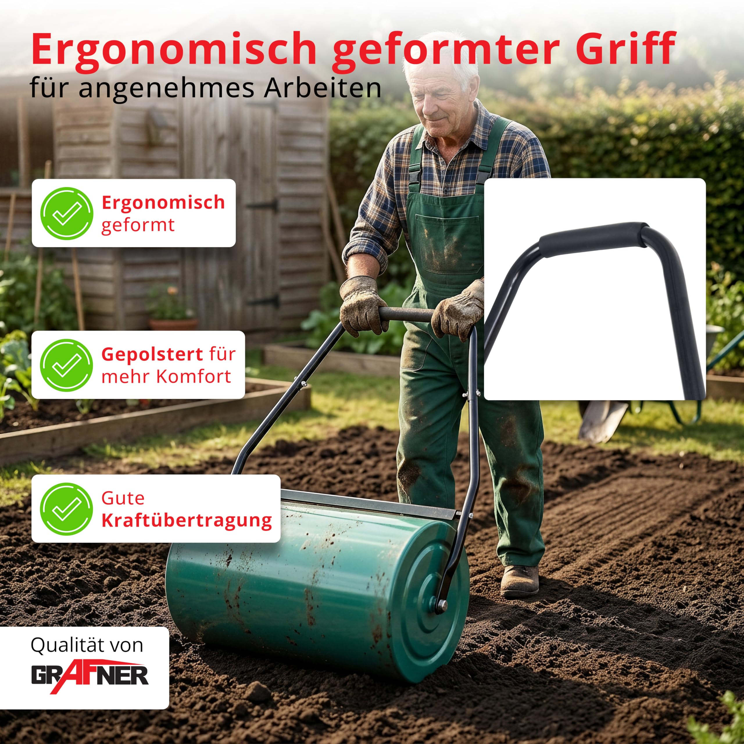 Grafner Rasenwalze 60 cm Arbeitsbreite, befüllbar mit Sand oder Wasser bis zu 60 kg, Durchmesser 32 cm, stabile Ausführung mit Abstreifern und Softgriff, Handwalze Rasenroller Walze