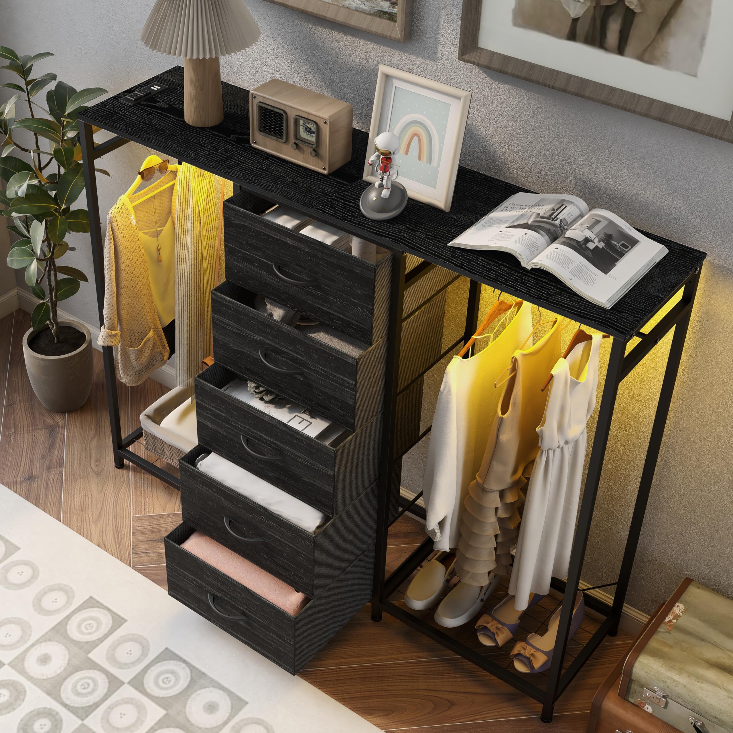 Cómoda para dormitorio con perchero, cómoda de 5 cajones con estación de carga y luces LED, cómoda blanca, estante flexible y espacio de almacenamiento abierto para dormitorio, sala de estar 3