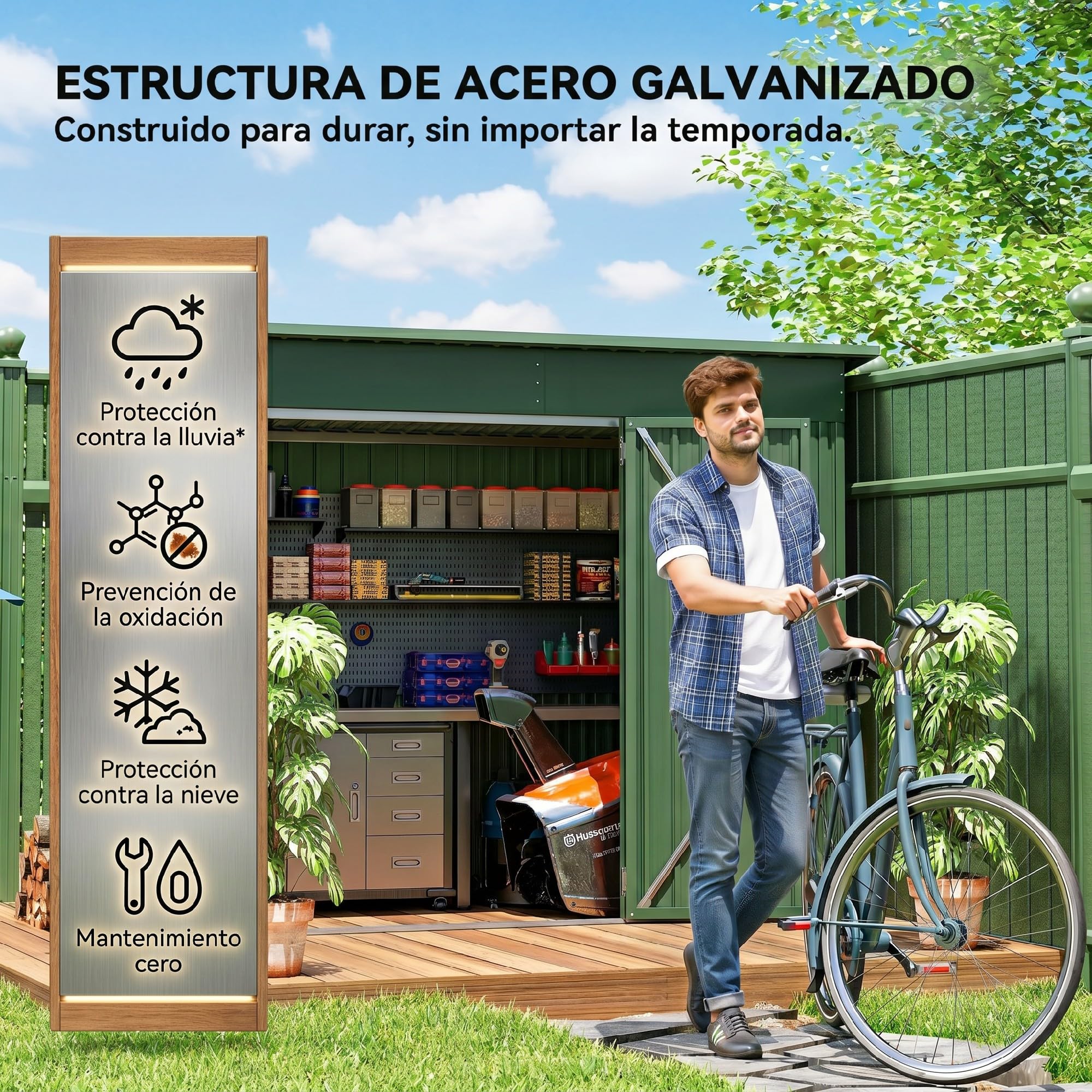 Outsunny Caseta de Jardín Exterior Metálica 2,7 m² 234x132x185 cm Verde | Cobertizo de Jardín Exterior, Triple Puerta, Cerradura, Techo Inclinado, Ventilación, Almacenamiento de Herramientas