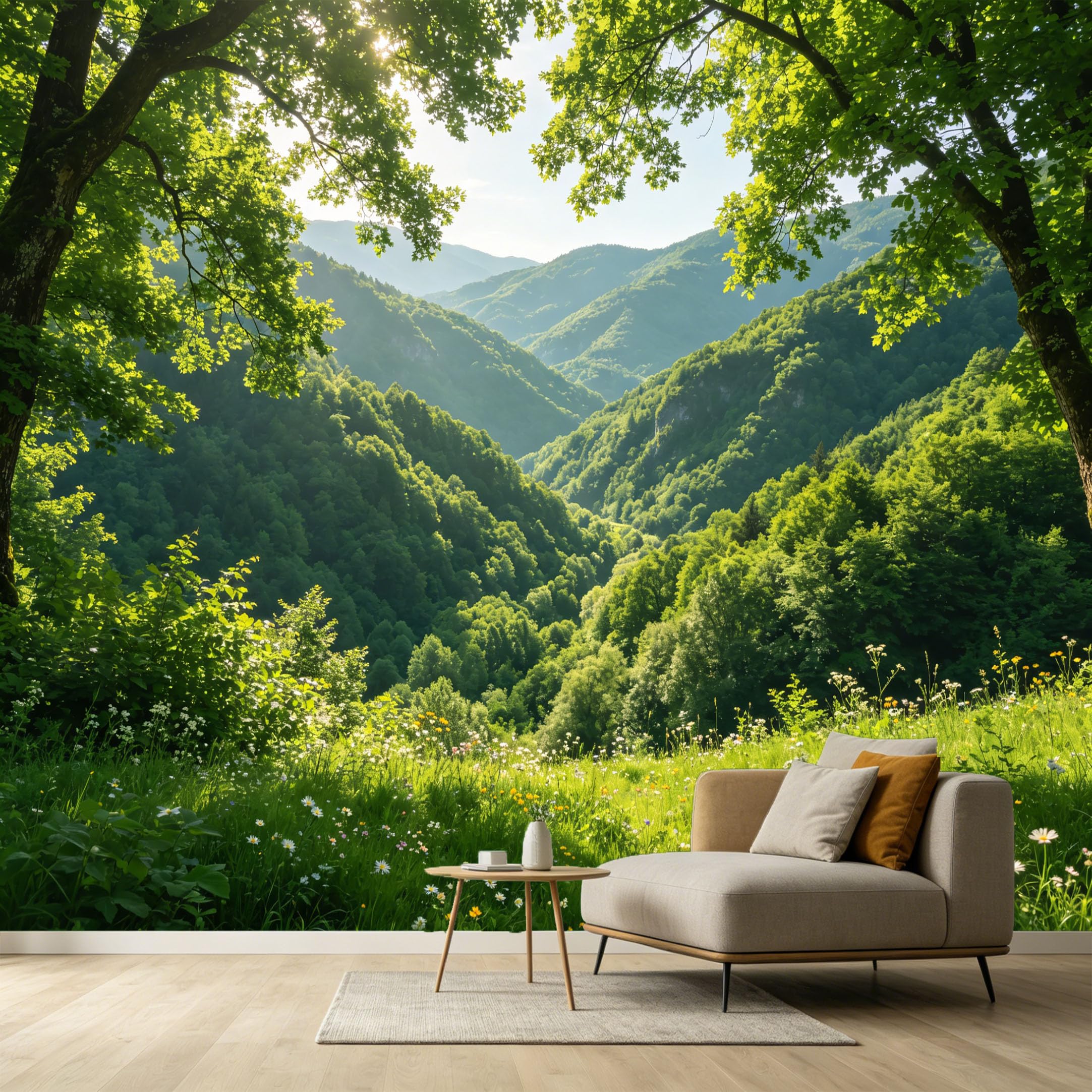 Custom Size Wall Murals Forest Landscape Mountain Valley Wildflowers SelfAdhesive Wall Fabric Removable Large Wallpaper for Photo Living Room Interior Wall Decor Mural