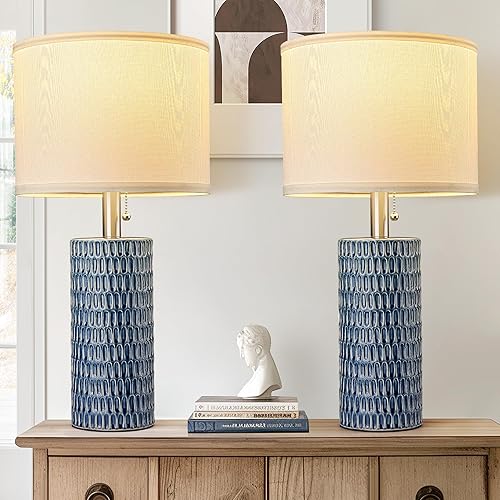 Juego de 2 lámparas de mesa para sala de estar, lámparas de mesa de cerámica para dormitorio, lámparas modernas de 20 pulgadas para mesitas de