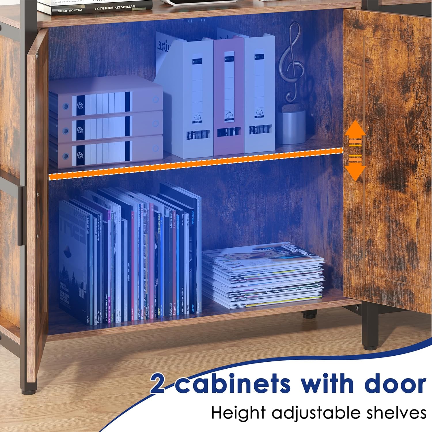 Nosepen 6 Tire Large L Shaped Bookshelf & Corner Bookcase with Storage Cabinet and 2 Barn Doors and 10 Storage Shelves, 71.3" Tall Farmhouse Etagere L Shaped Book-Shelf with Metal Frame(Brown)