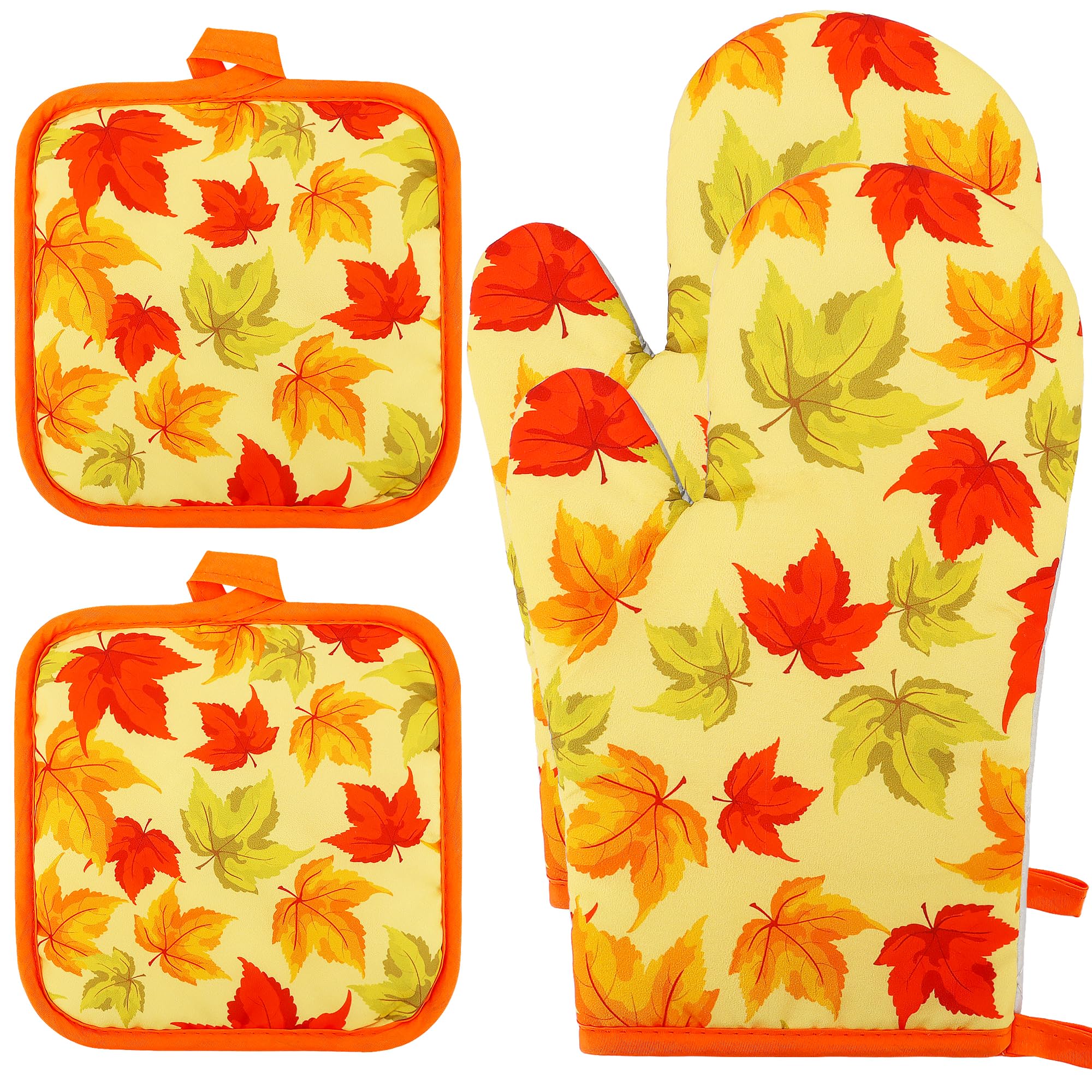 Lucleag Juego de 4 manoplas y soportes para ollas de otoño, Acción de Gracias, otoño, hojas de arce, guantes de horno y agarraderas, resistentes al calor, guantes de cocina antideslizantes para Acción