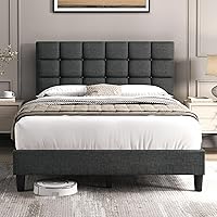 Vista 12 de Yaheetech Marco de Cama Tapizado, Plataforma de Cama Full Moderna con Cabecera de Costura Cuadrada y Capitoné con Botones, Altura Ajustable, Soporte