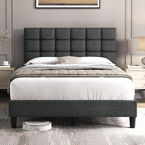 Yaheetech Upholstered Bed Frame, Modern Full Bed Platform with Square Stitched&Button Tufting Headboard Height Adjustable, Wooden Slats Support, No Box Spring Needed, Full Size, Dark Gray