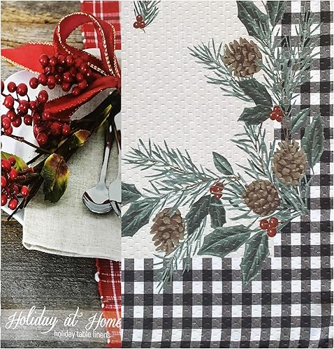 Miniatura 2 de Festive Berry - Manteles individuales de Navidad con bordes rústicos, diseño rústico de cuadros y acebo, estampado navideño de fácil cuidado, juego