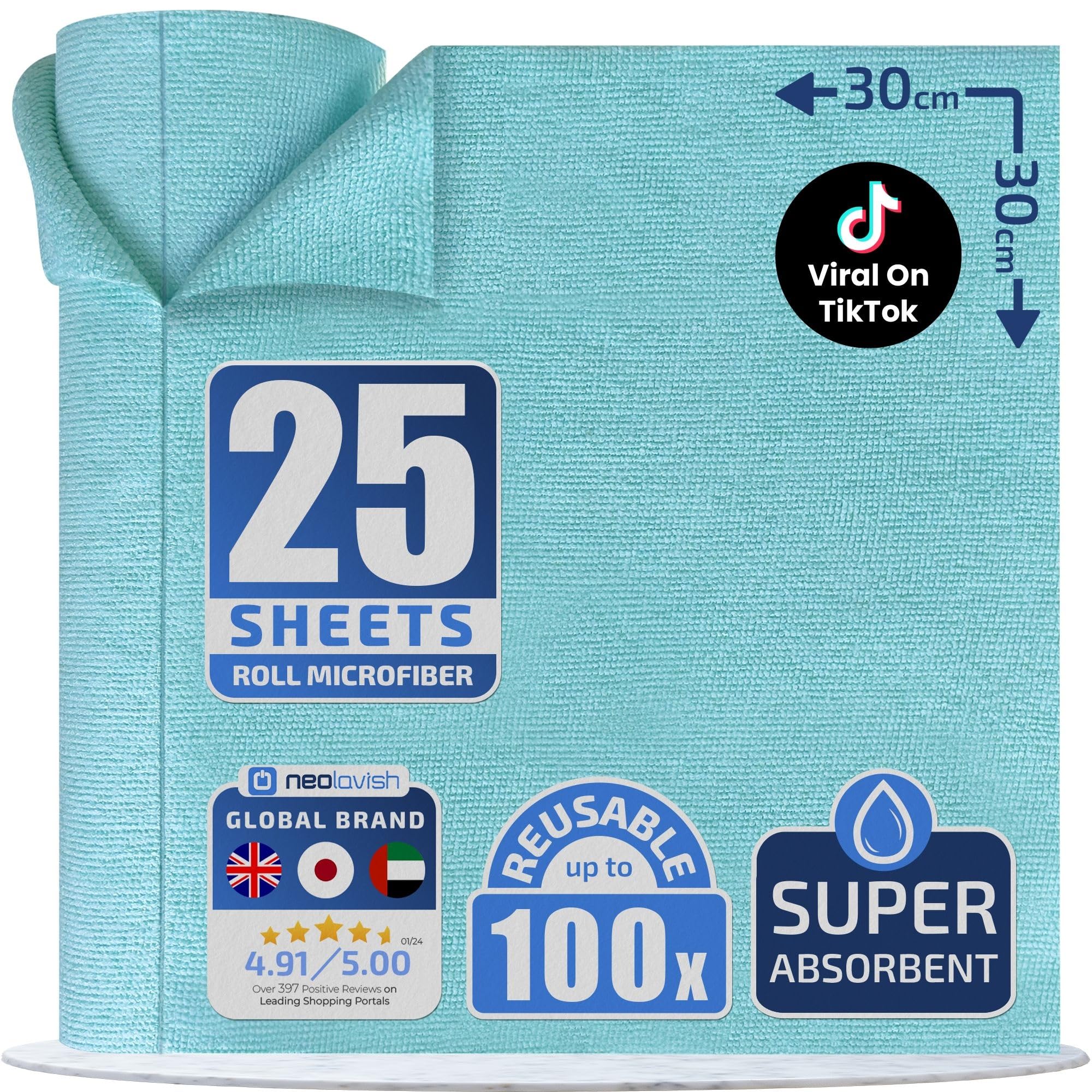 Neolavish® Microfiber Cleaning Cloth Roll – Reusable Kitchen Towel Alternative | 25 Tear-Away Sheets, 30x30cm, Blue