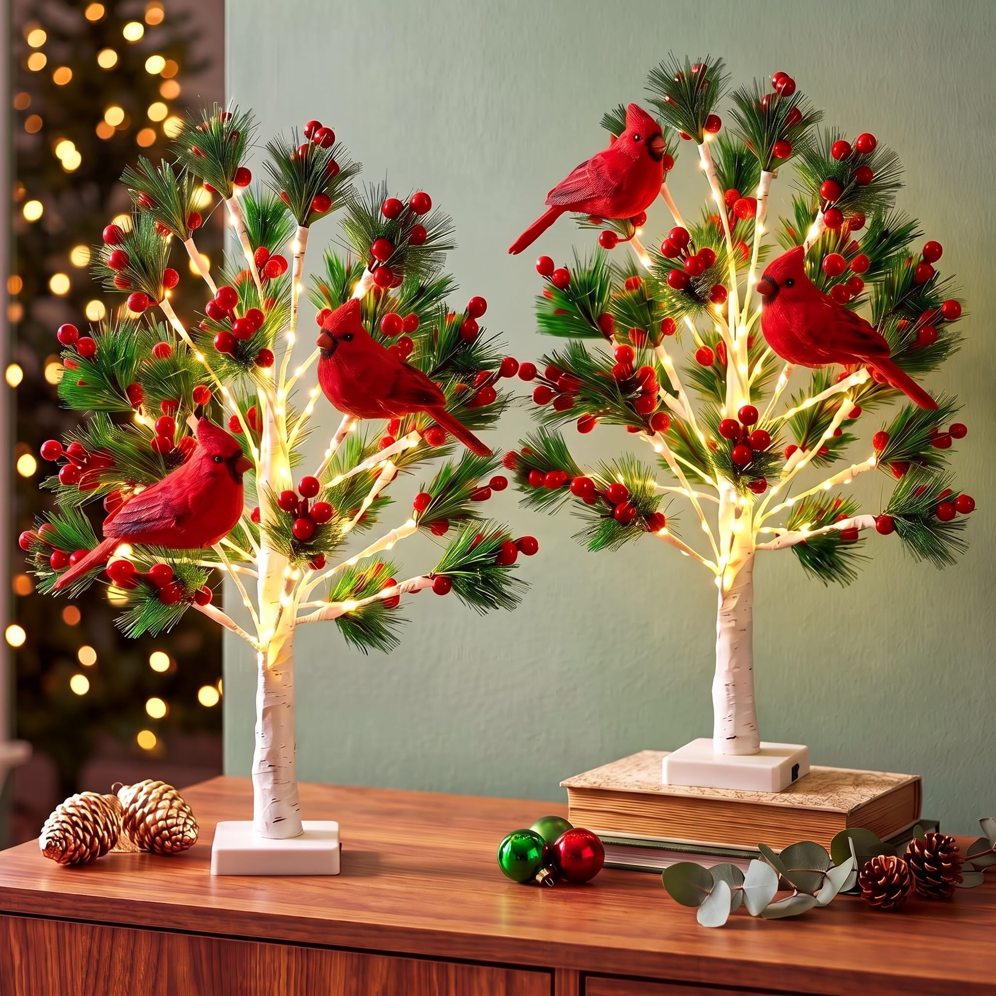 Realspring 2 Pcs 24" Christmas Lighted Cardinals Berry Trees