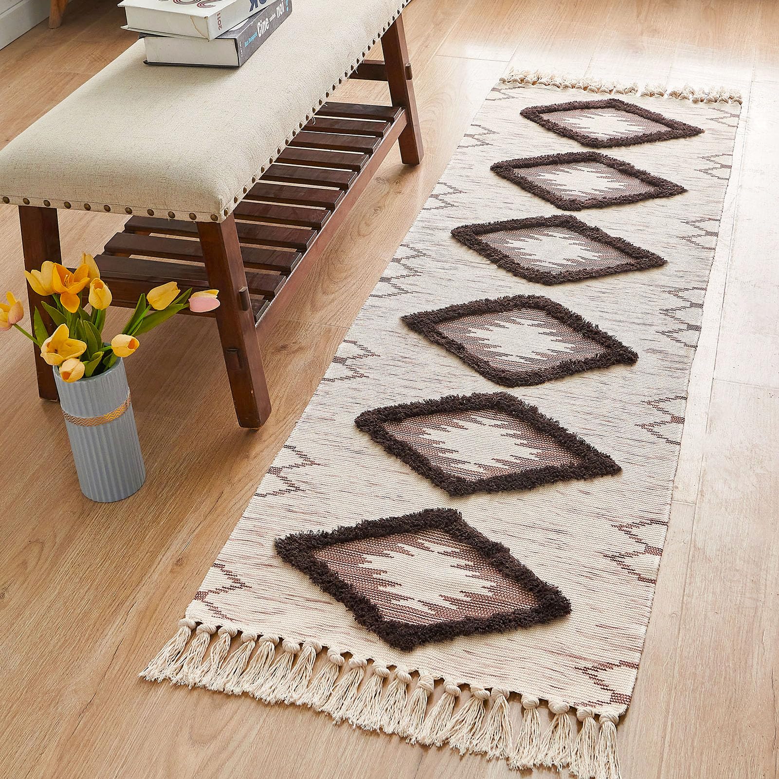 Boho-Läufer, waschbar, 60 x 180 cm, rutschfest, gummierte Unterseite, für Küche, Bauernhaus, Bodenmatte mit Quasten, getuftete gewebte Baumwolle, Eingangsbereich, Braun