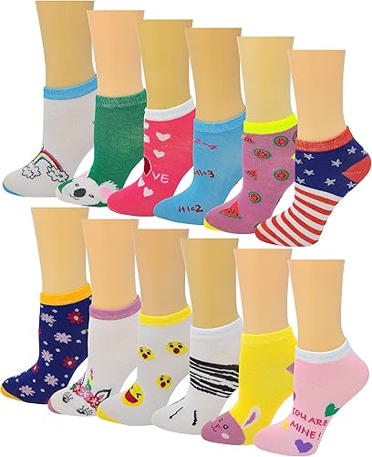 Different Touch Ayla - Calcetines coloridos al tobillo y invisibles para niñas, paquete de 12 pares