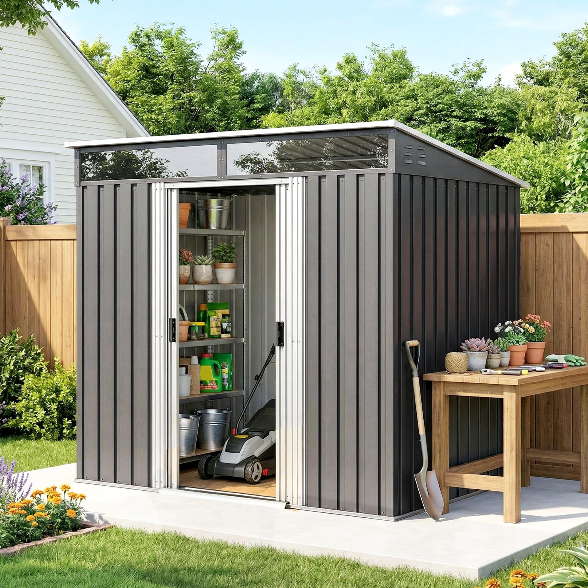 Outsunny Casetta da Giardino 2m² in Acciaio Zincato con Prese d'Aria, Capanno da Giardino con Finestre Trasparente, Tetto Inclinato, Porta Scorrevole Bloccabile, 2 Ganci, Grigio Scuro