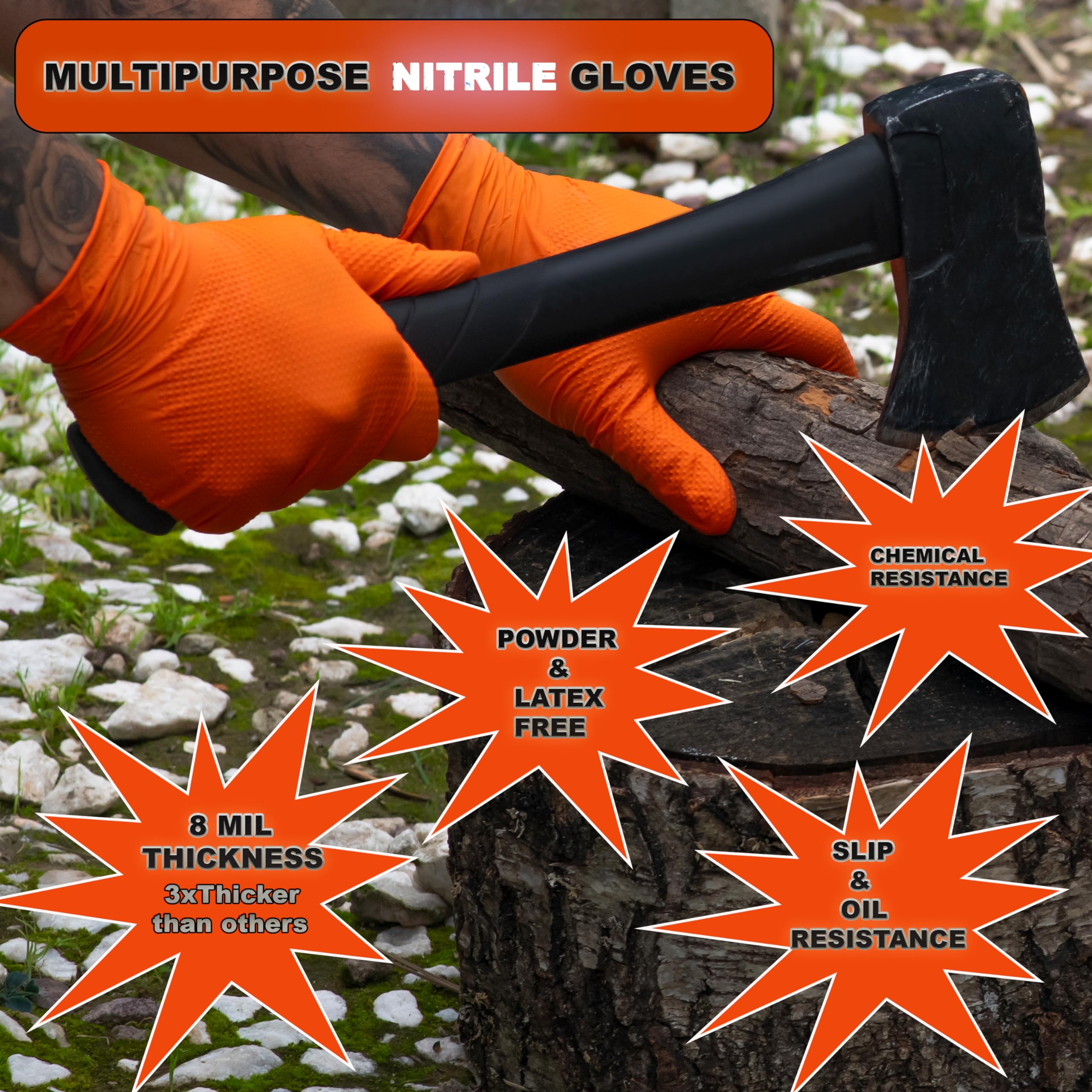Guantes desechables de caucho de nitrilo, resistentes, aptos para alimentos, mecánicos, limpieza mecánica, textura de diamante, talla XL, color naranja