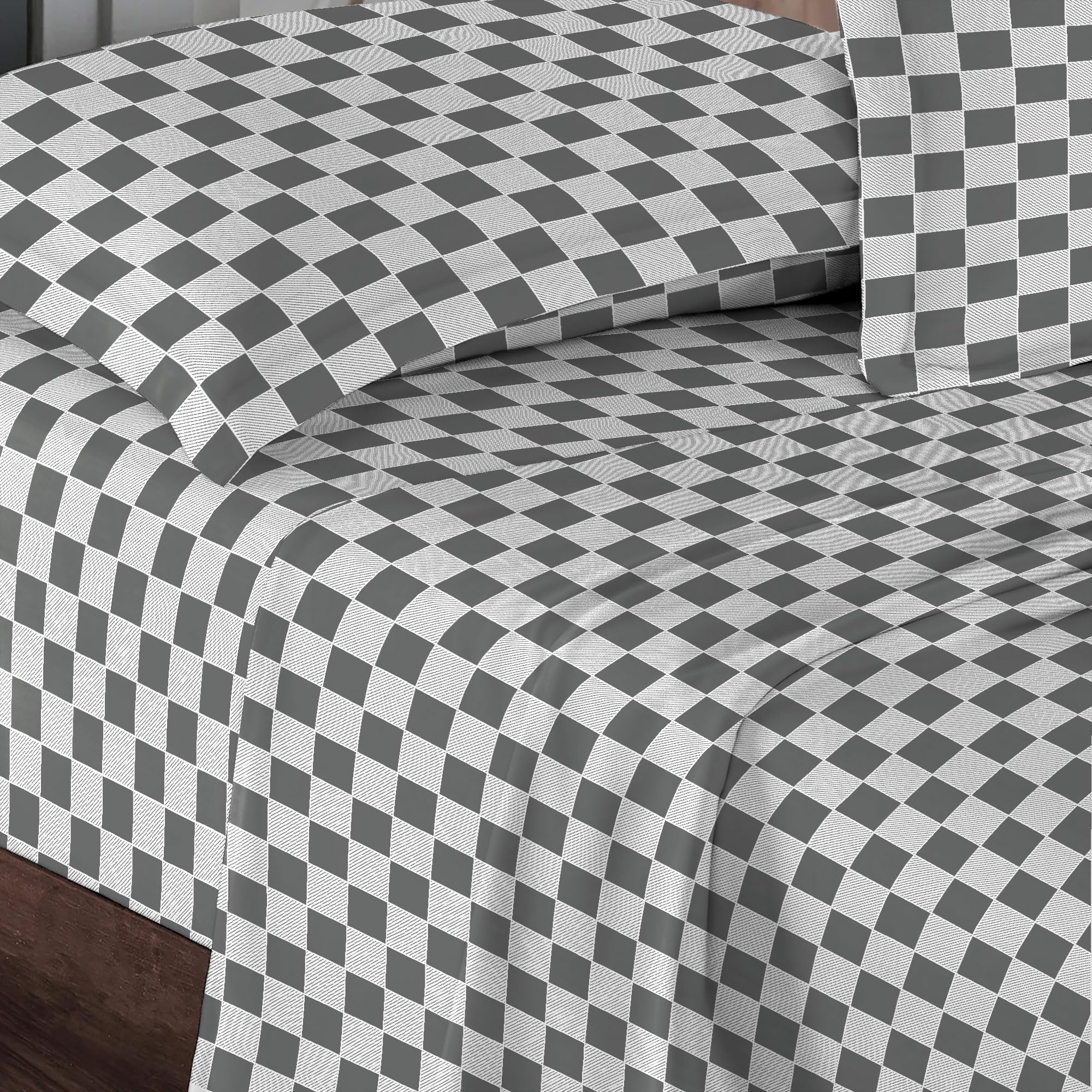 Pizuna Cotton Grey Smart Plaid Print Single Bed Sheets Set, 400 Thread Count 100% Long Staple Cotton Printed Bedding Sets Includes 1 Fitted Sheet, 1 Flat Sheet, 1 Pillowcase (Bed Sheets Single Bed)