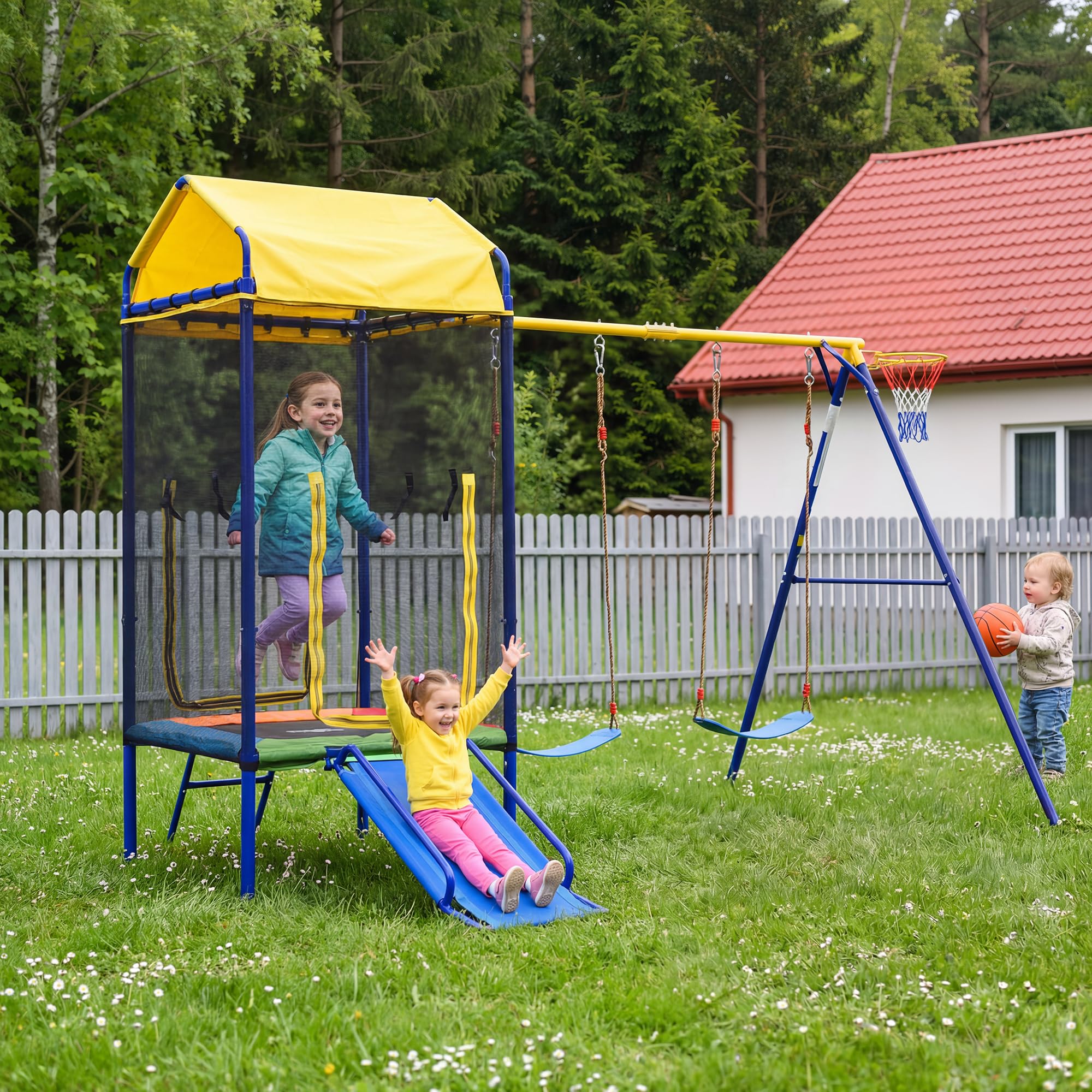 BTM Altalena da Giardino per Bambini Giochi da Giardino per Bambini Esterno con Trampolino, Altalena, Scivolo e Canestro da Basket