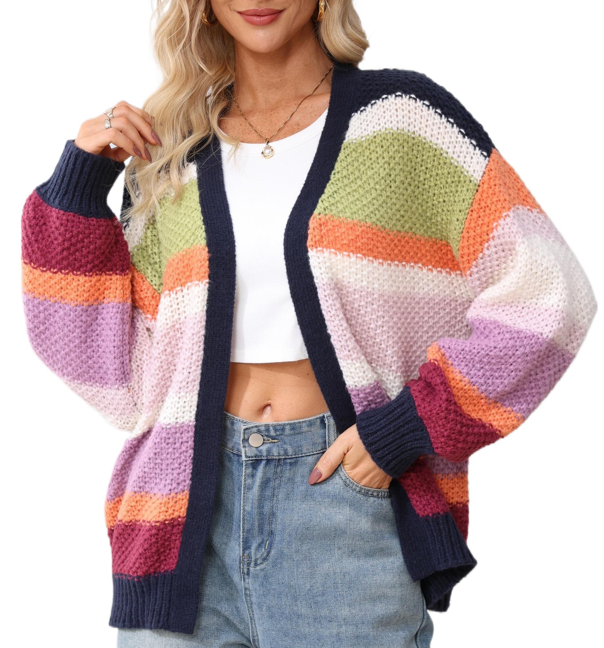 Womens Striped Chunky Cardigan Sweaters Oversized Open Front Trendy Long Sleeve Color Block Knit Sweater Coats
