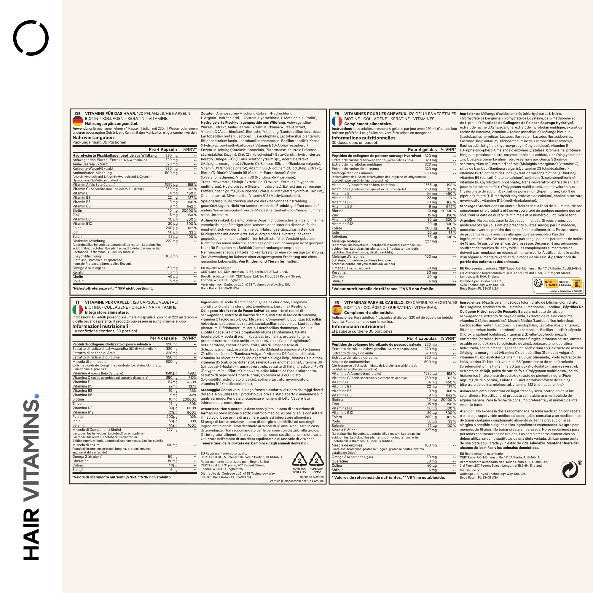 Codeage Haarvitamine 10000 Mcg Biotin, Keratin, Kollagen, Vitamin A, B12, C, D3, E, Zink, Kurkuma, Probiotika Enzyme Unterstützung Der Haarpflege Nahrungsergänzungsmittel Für Gesundes Haar 120 Kapseln