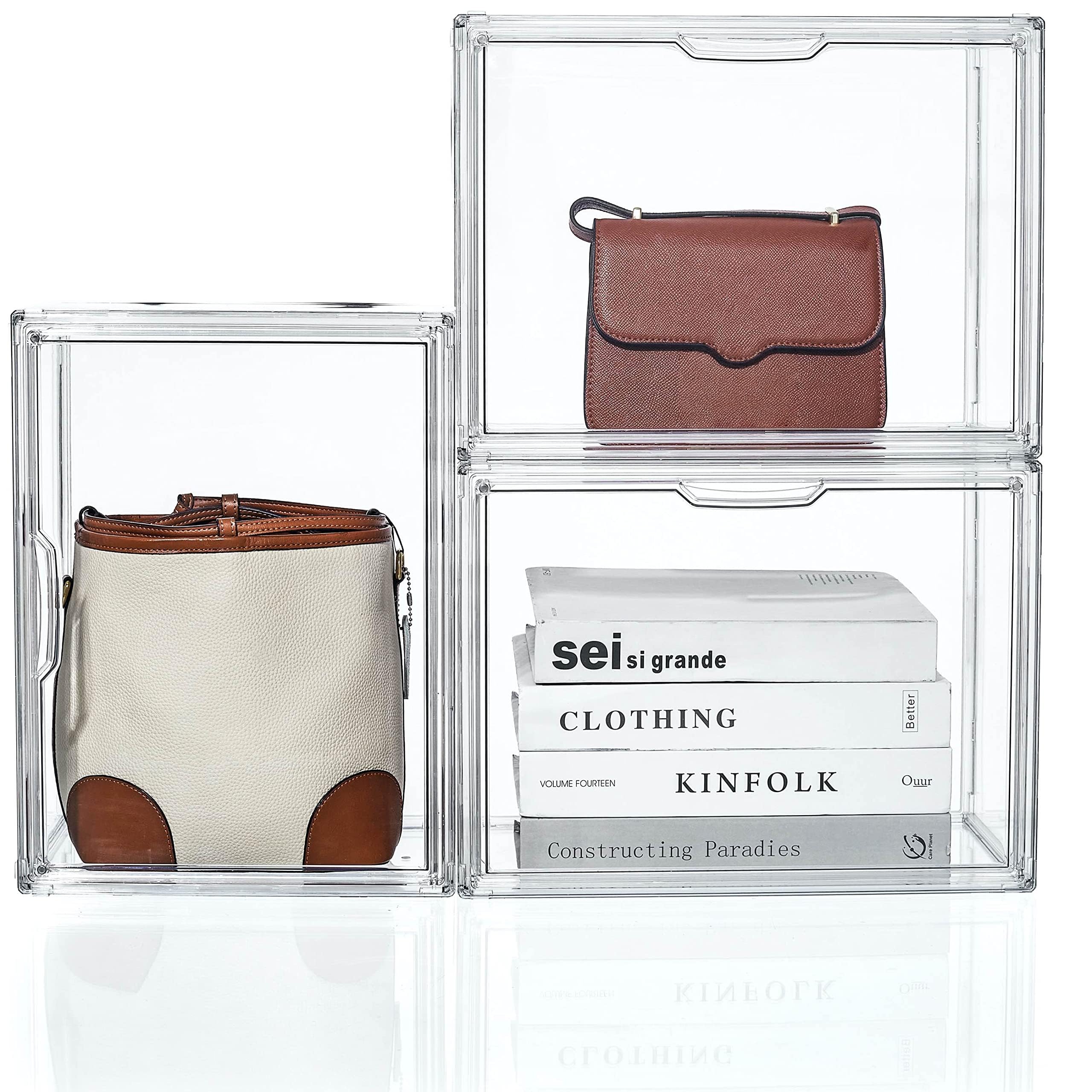 Purse and Handbag Storage Organizer for Closet, Clear Acrylic Display Case for Collectibles, 3 Pack Plastic Storage Boxes with Magnetic Door for Wallet, Cosmetic, Toys (Large Door)