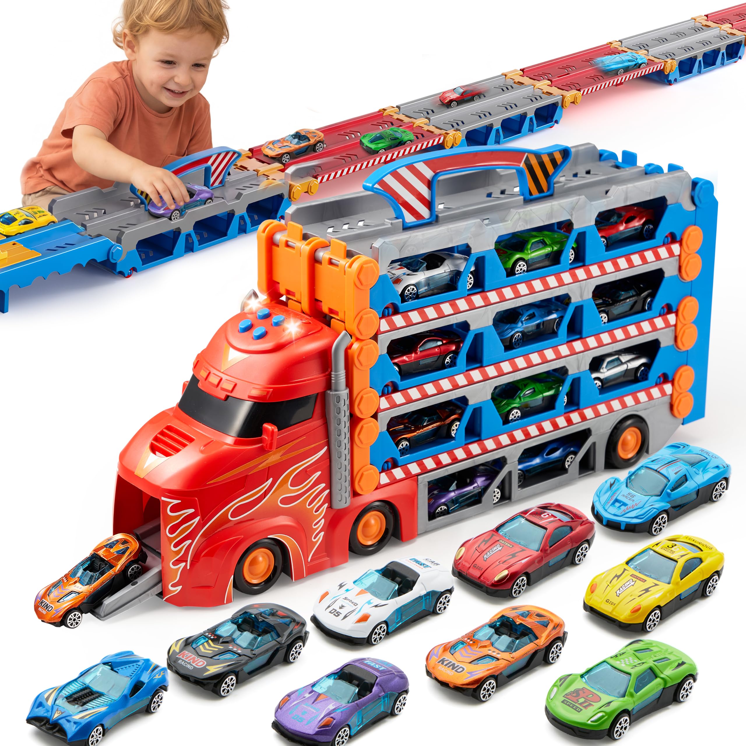 SYNCFUN Transport Race Truck Toy Cars, 2,4 m, gigantyczny tor wyścigowy, składana ciężarówka-transporter, 3-poziomowy zestaw z 12 samochodami, światłami i dźwiękami, prezent dla chłopców w wieku 3, 4