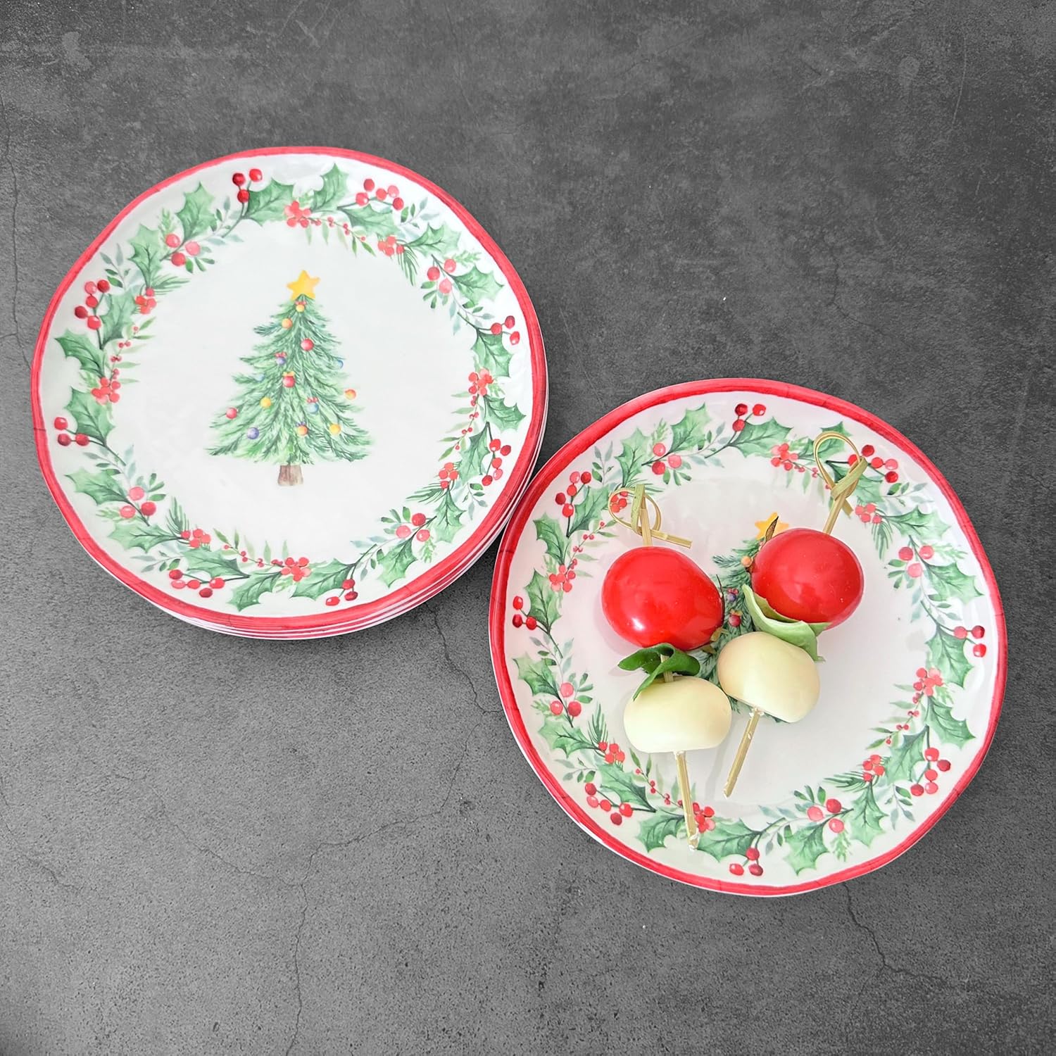 UP UPware Christmas Tree Melamine Round Dessert Plates, Small Serving Plates, Christmas Decorations, for Appetizer, Snacks, and Side Dishes, Red and Green, 6 Inch, Set of 4