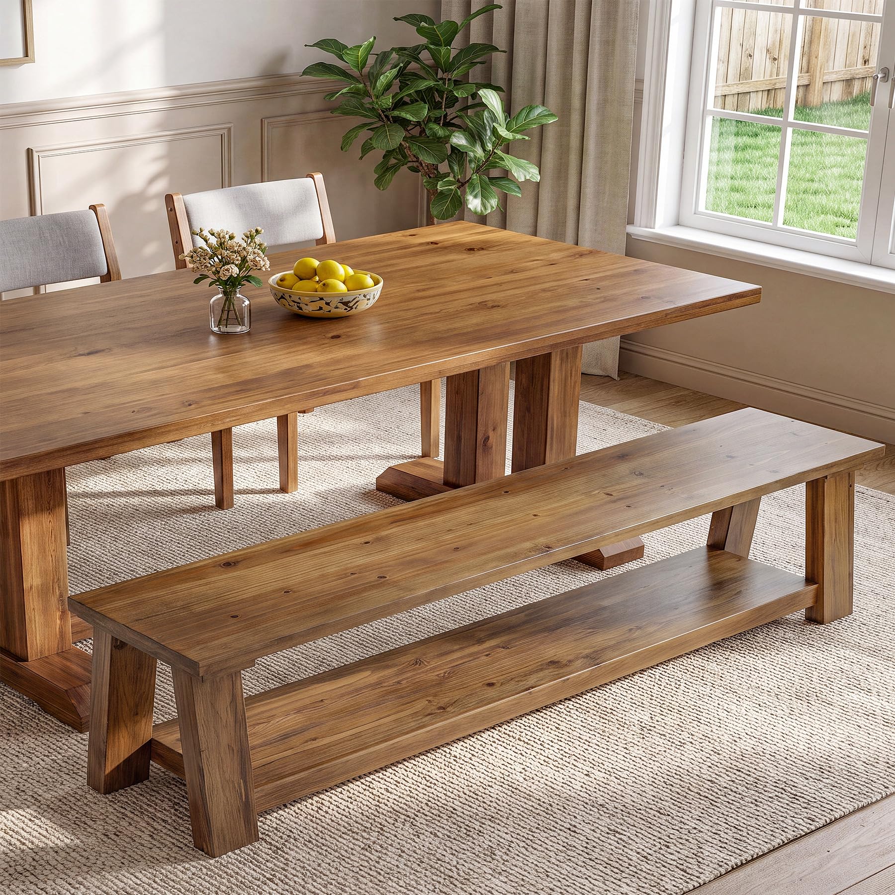 70.87" Long Solid Wood Dining Bench | Farmhouse Kitchen Bench with Storage Shelf for Dining Room, Kitchen, Entryway, Bedroom, Easy to Assemble