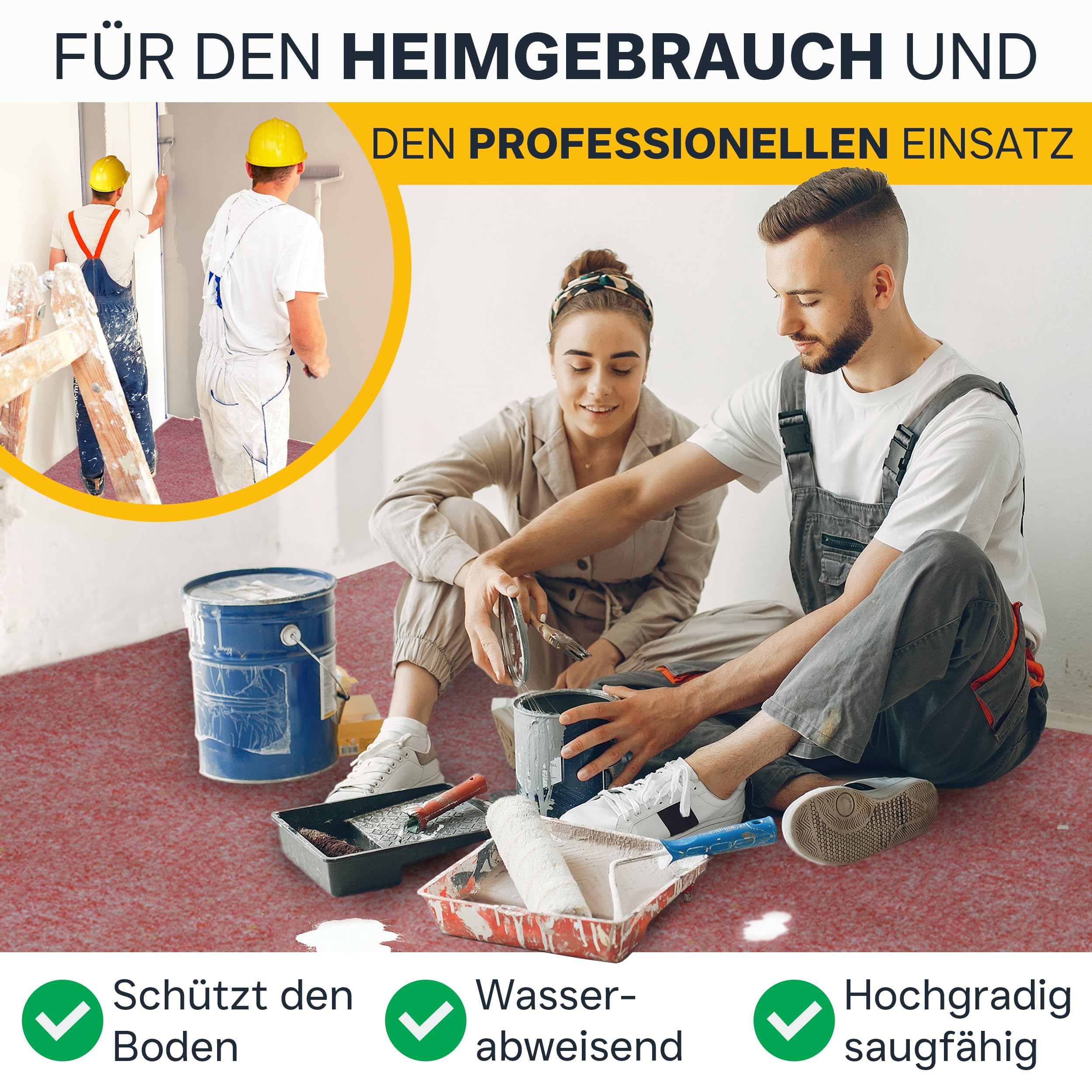 Malervlies 1 x 50 m – 210 g/m² saugstarkes Abdeckvlies in Profiqualität I Renoviervlies/Malerfilz rot I Schutzvlies, Bauvlies, Glattvlies & Anstrichvlies für Malerarbeiten I 50 m² Bodenabdeckung