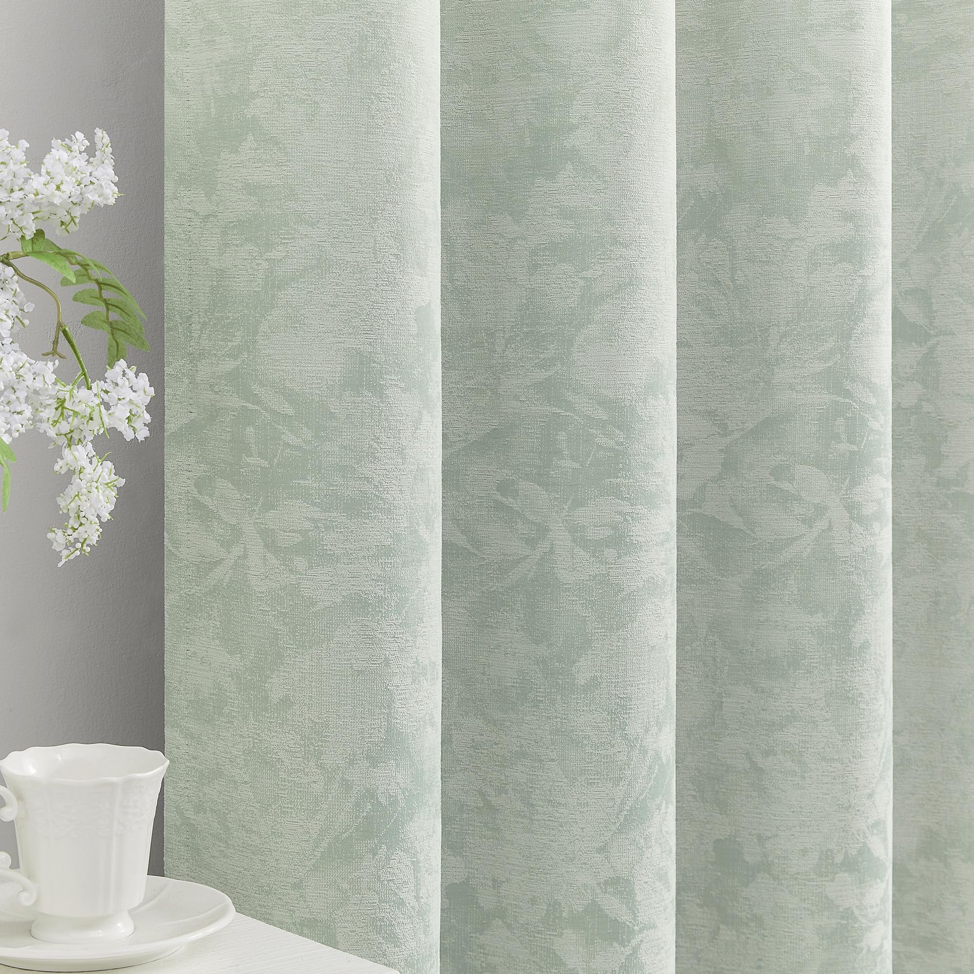 Beauoop Green Floral Blackout Curtains for Bedroom 54 Inch Jacquard Flower Curtains for Living Room Darkening Eyelet Curtain Thermal Insulated Window Curtain Drapes 2 Panel