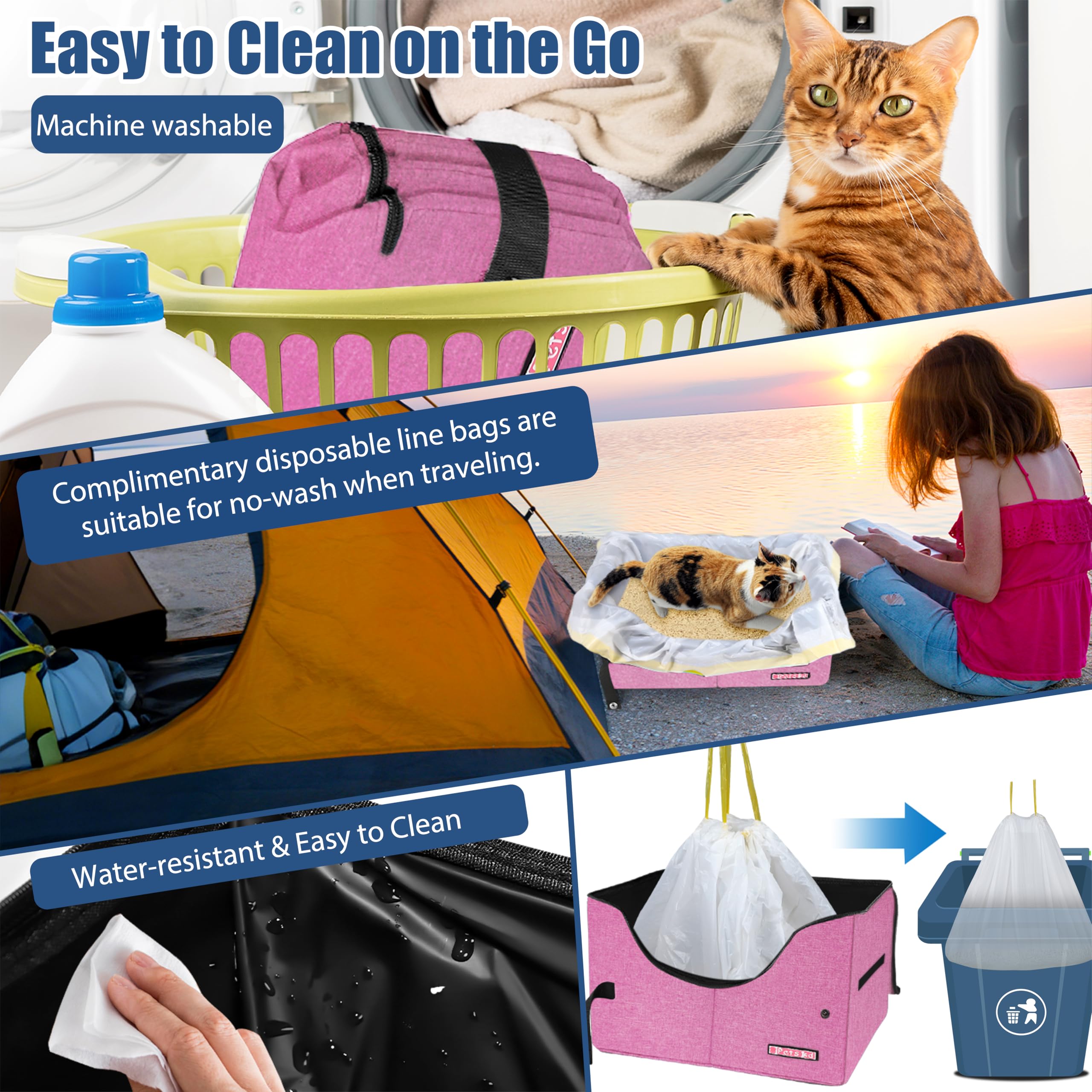 Petskd Portable Travel Litter Box for Cats with Lid and 10 pcs Liner Bags, Light Weight, Leak-Proof and Higher Sides for Road Trips, Hotel Stays, Car Travel(Pink) - image 5