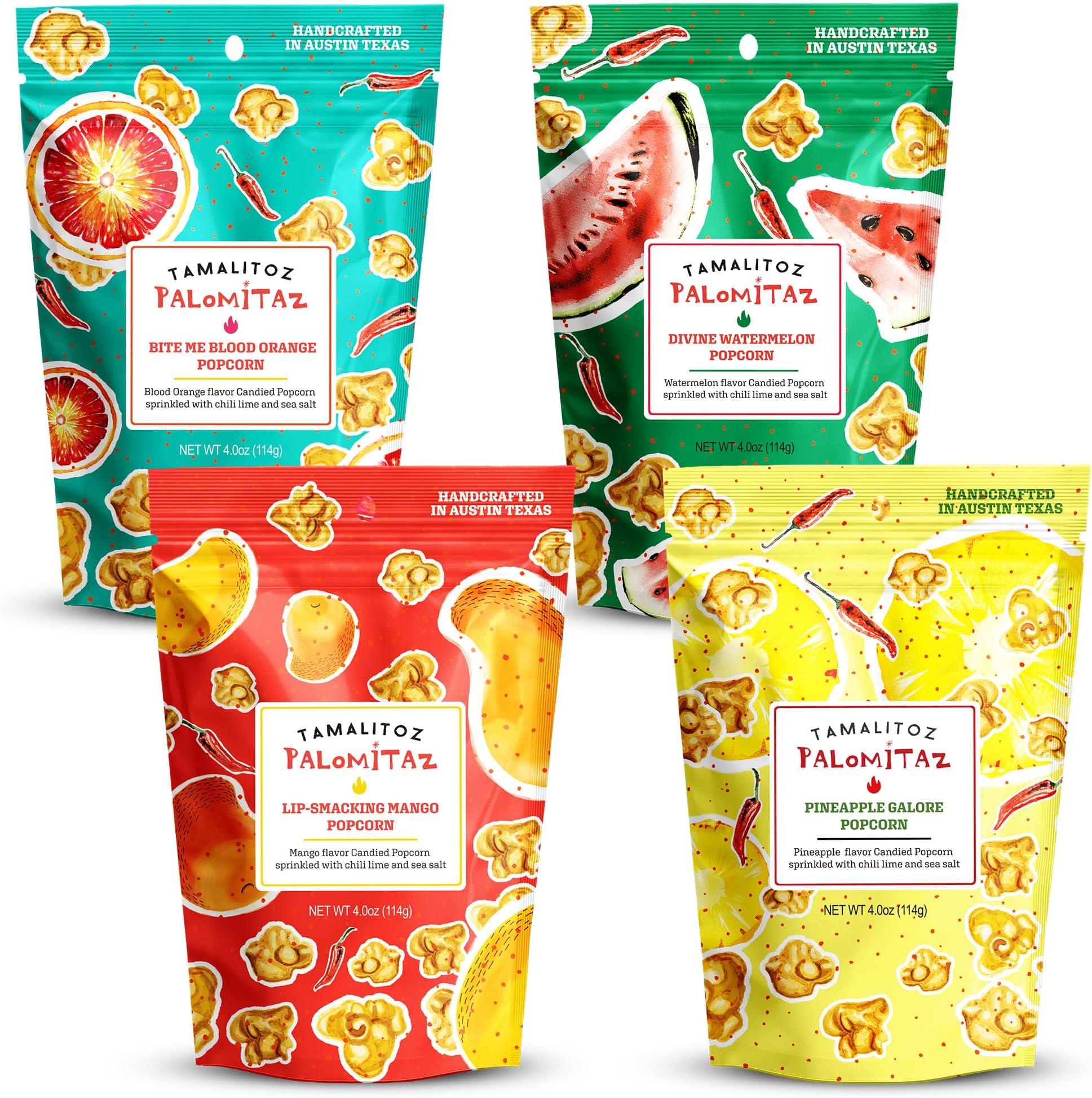 Palomitaz Gourmet Popcorn Fiesta Mexican Popcorn Variety Bag with Chili, Lime and Sea Salt Mango, Watermelon, Blood Orange, Pineapple Handcrafted Snack, Gluten Free, 4 Bags (4oz Each)
