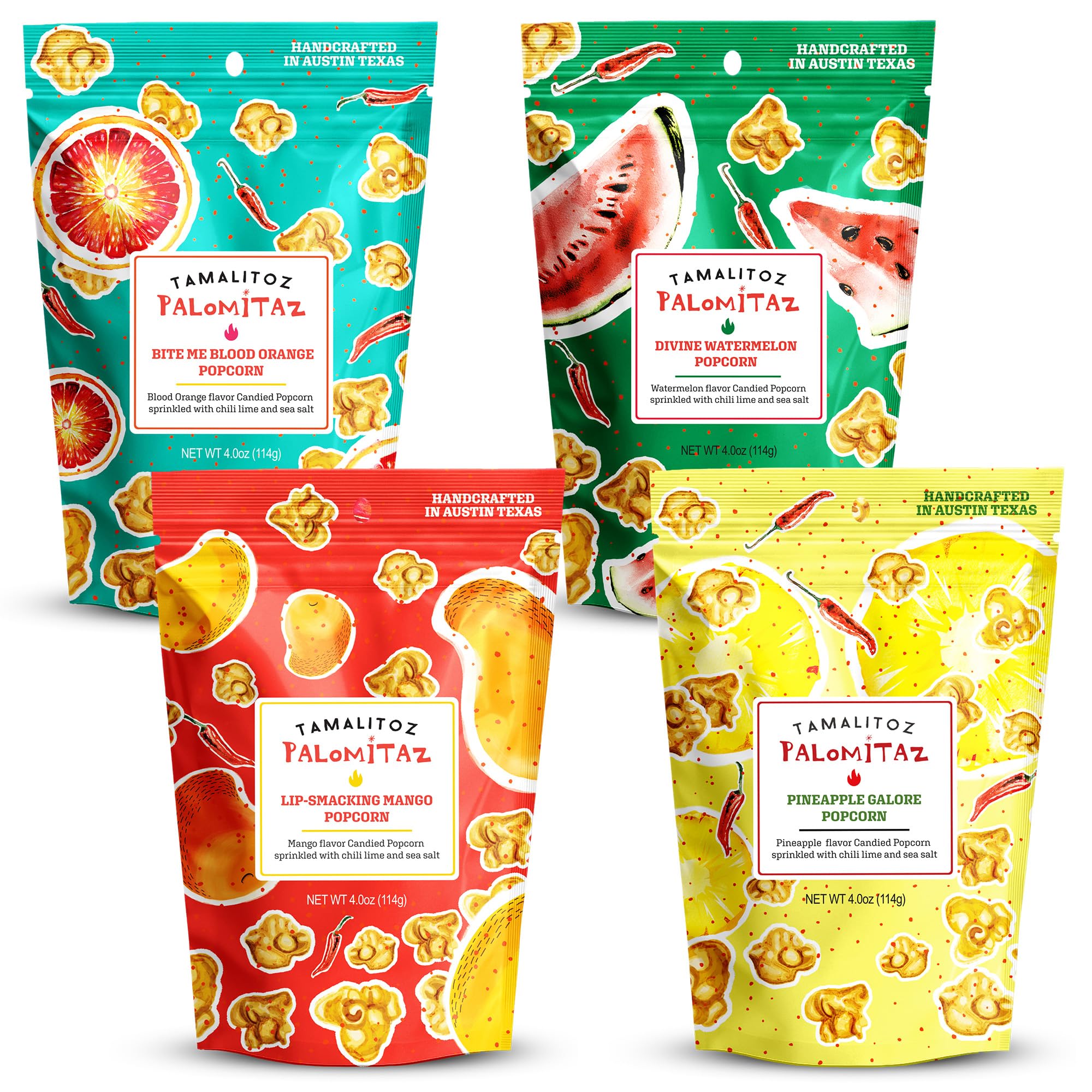 Tamalitoz Palomitaz Gourmet Popcorn Fiesta Mexican Popcorn Variety Bag with Chili, Lime and Sea Salt Mango, Watermelon, Blood Orange, Pineapple Handcrafted Snack, Gluten Free, 4 Bags (4oz Each)