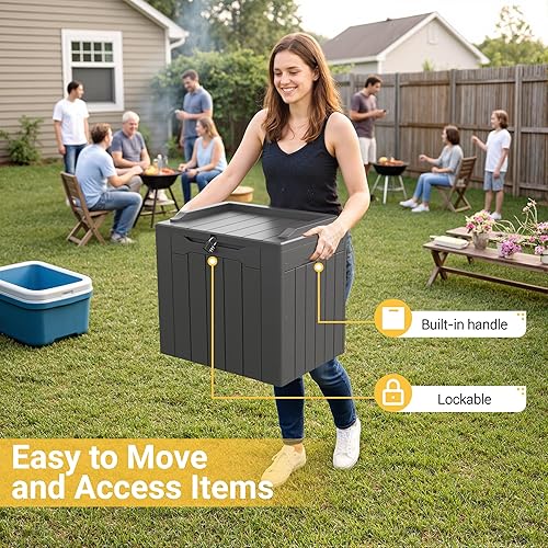 Vista 26 de Greesum Caja de cubierta de resina de 100 galones, gran almacenamiento al aire libre, textura de tejido de ratán de imitación para muebles de patio