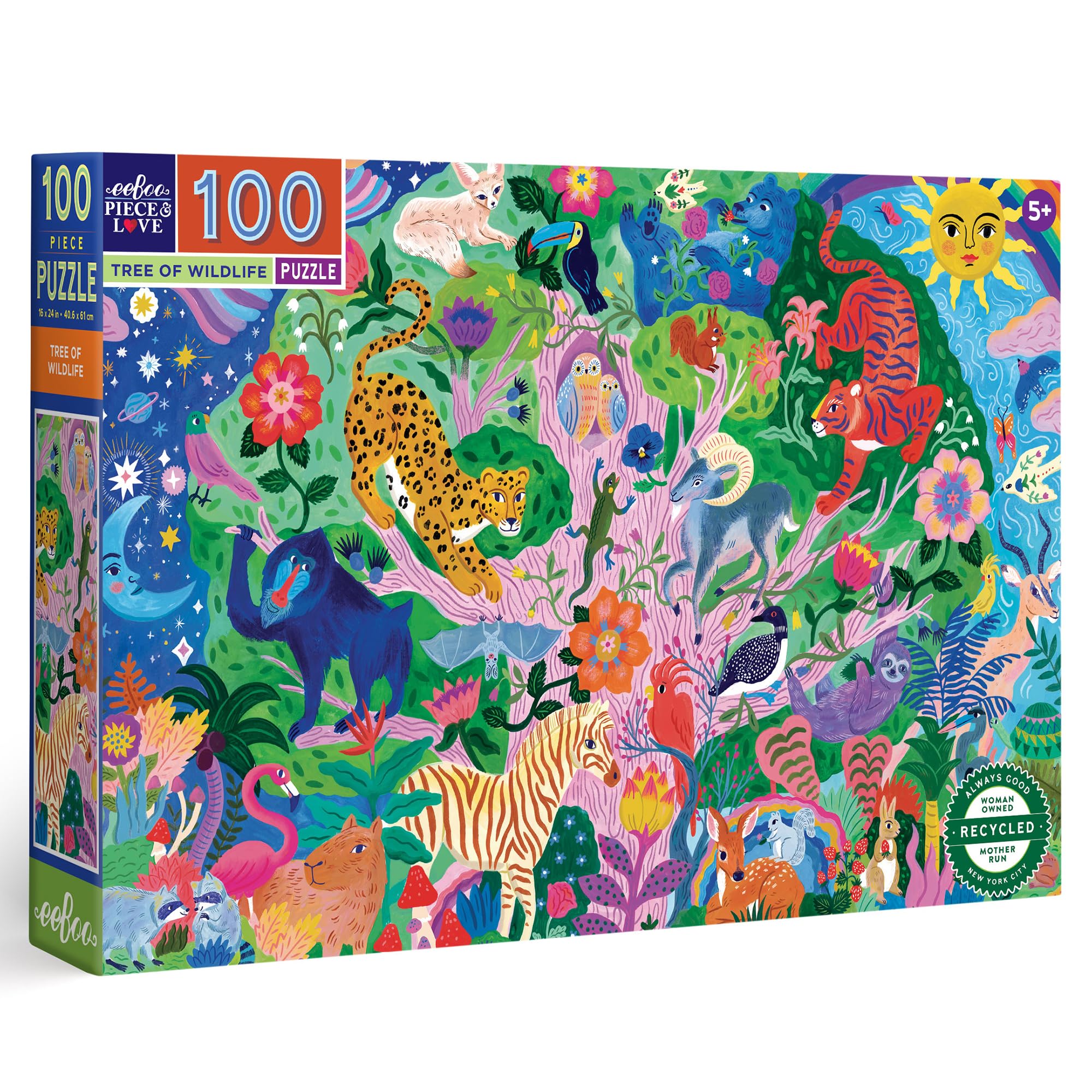 eeBoo: Tree of Wildlife - 100 Piece Puzzle - 27 x 18 Colorful Nature & Animal Jigsaw, Sturdy Dustless Pieces, Informational Poster, Kids Ages 5+