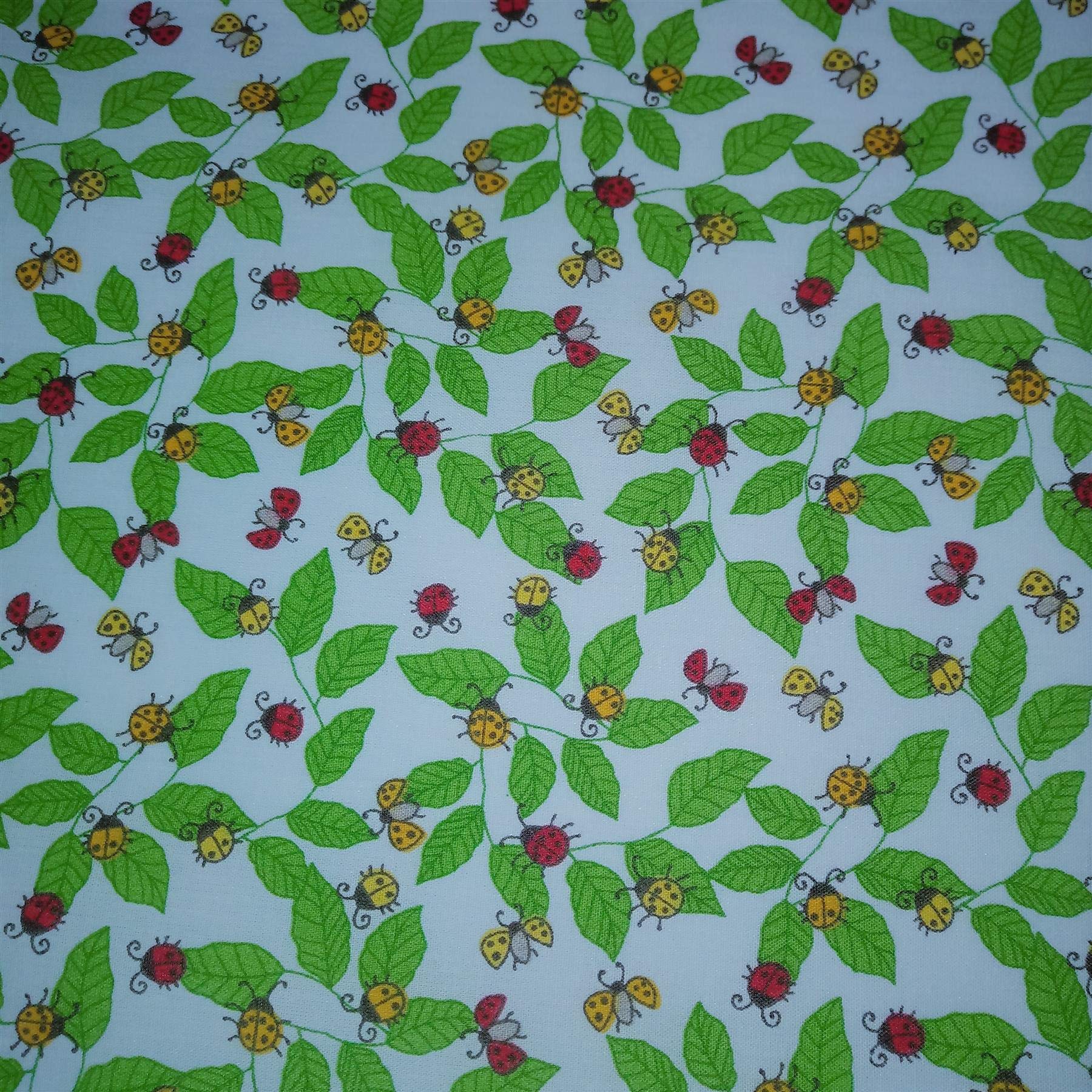Blue Polycotton Fabric with Ladybirds and Leaves Print (Per Metre)
