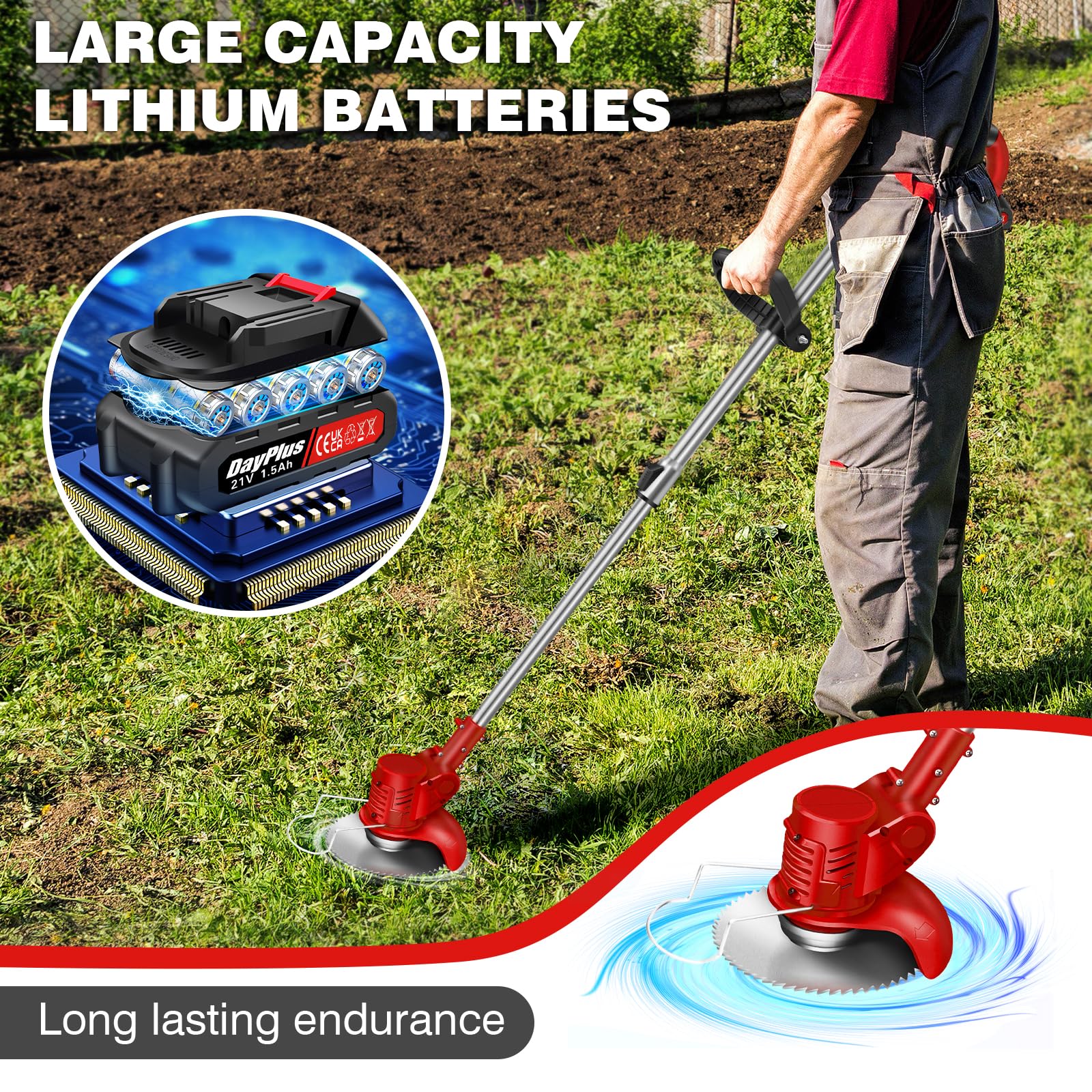 Coupe-Herbe sans Fil avec Batterie et Lames en métal Coupe-Herbe électrique Puissant Coupe-Herbe de Jardin Coupe-Bordures Coupe-Mauvaises Herbes Coupe-Gazon Set de Coupe-Gazon 2 Batteries Rouge