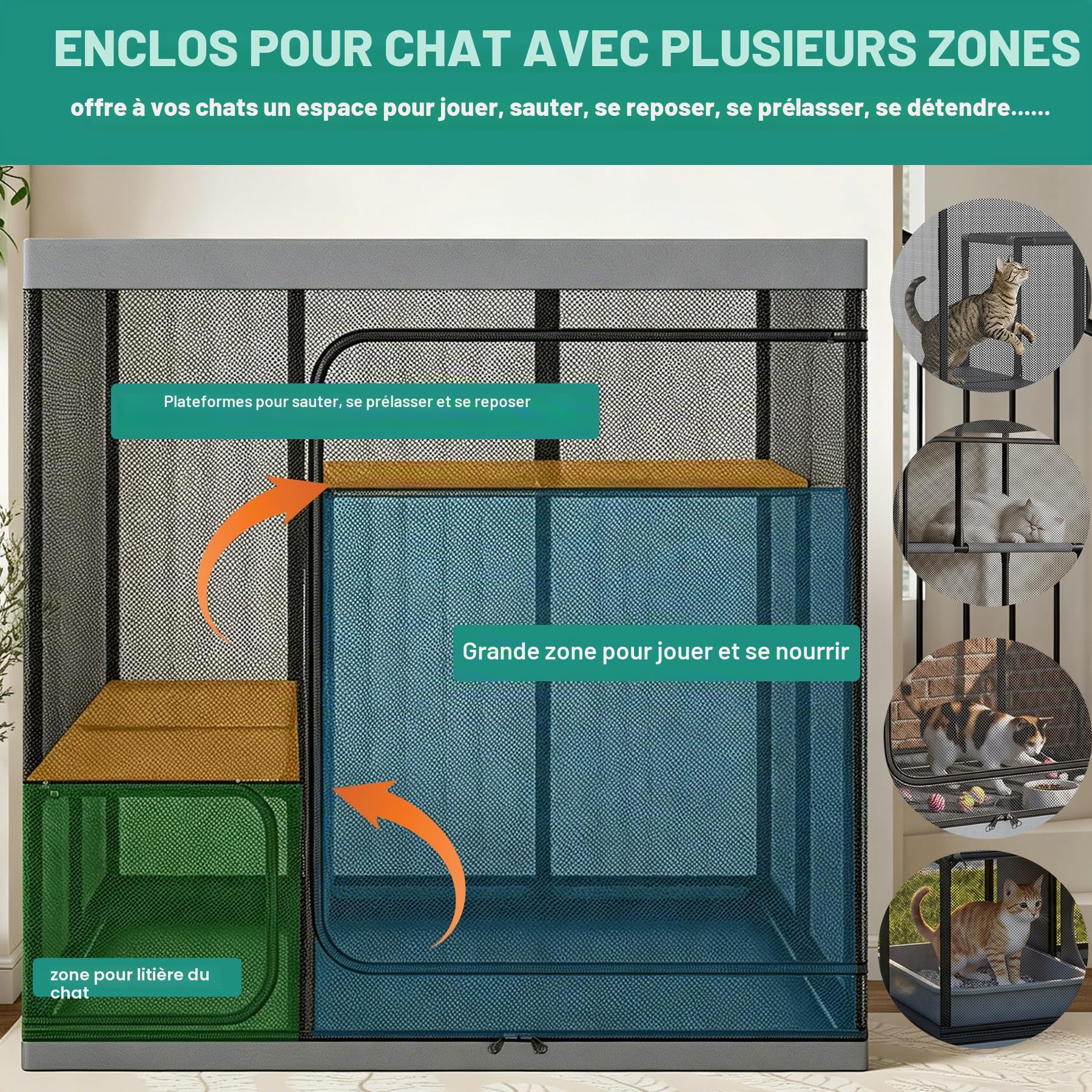 LitaiL Catio Parc Extérieur pour Chats 127 cm 3 Niveaux avec Tente en Maille