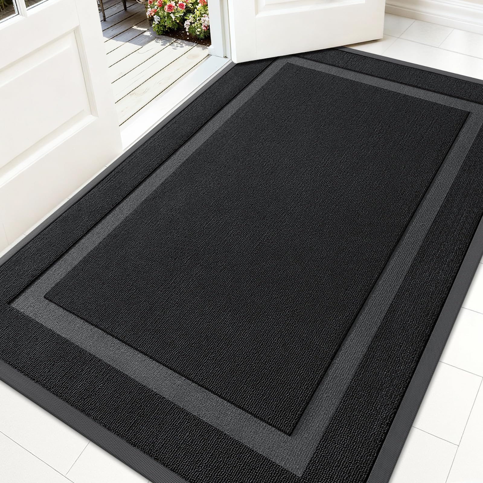 OLANLY Front Door Mat Outside 59x34, All-Season Heavy-Duty Rubber Doormat | Jet Black, Absorbent, Stain Fade Resistant, Waterproof Non-Slip Backing, Low-Profile Indoor Outdoor Floor Mat for Entryway