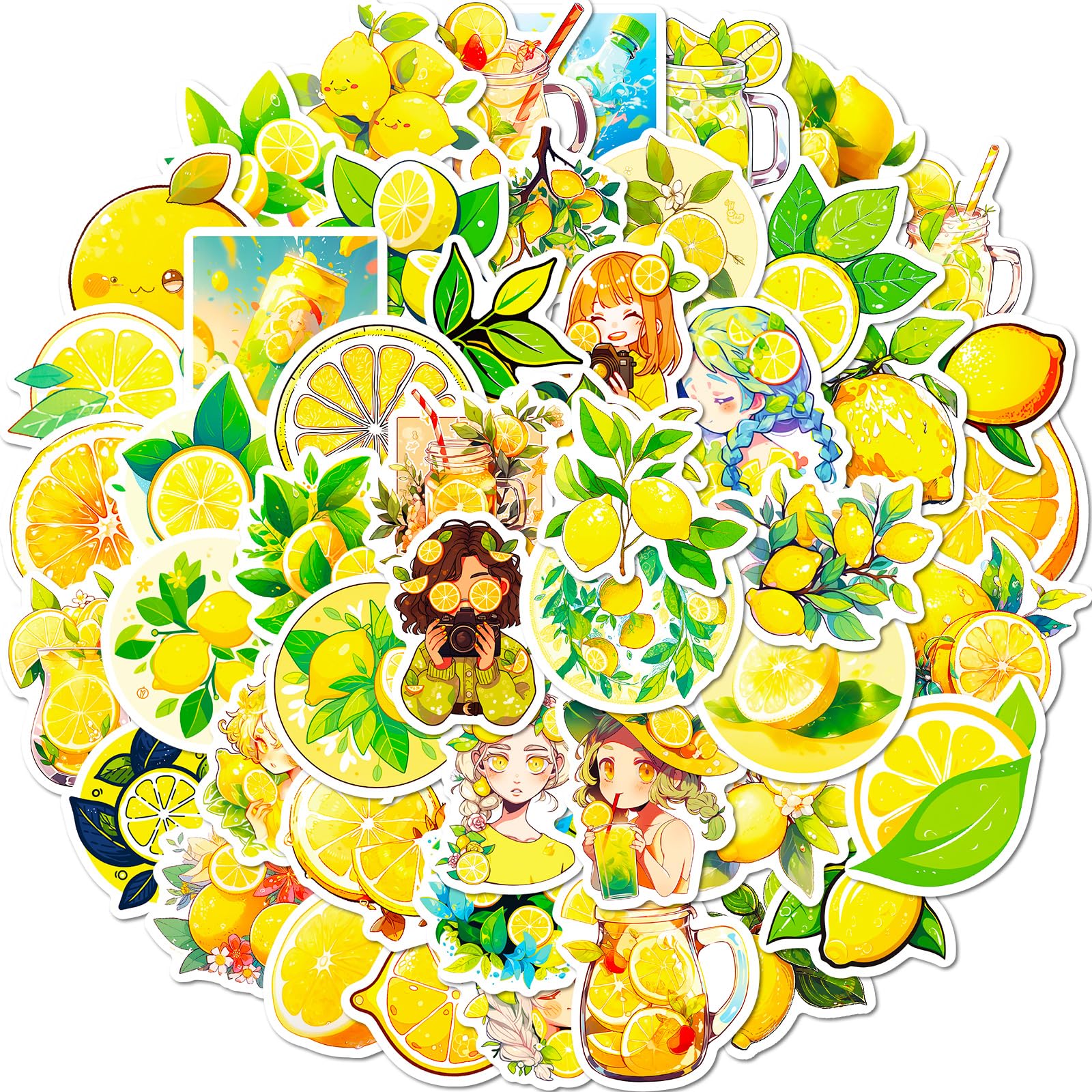Cute Lemon Stickers Pack - 50 Pcs Waterproof Vinyl Decals for Water Bottle, Scrapbook, Journal & More - Cartoon Lemon Theme