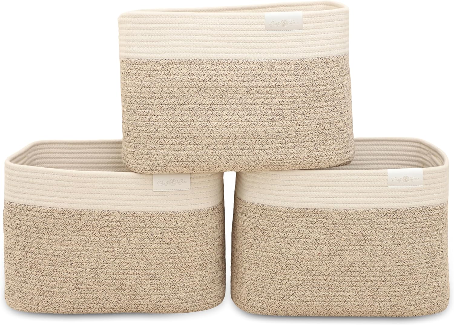 Craft Core Cotton Rope Storage Basket | Woven Rope Basket for Laundry, Toys, Blankets, Books | Bins for Organizing Living Room, Nursery | 3-Pack | 15"x10"x10", Mixed Brown - Off White