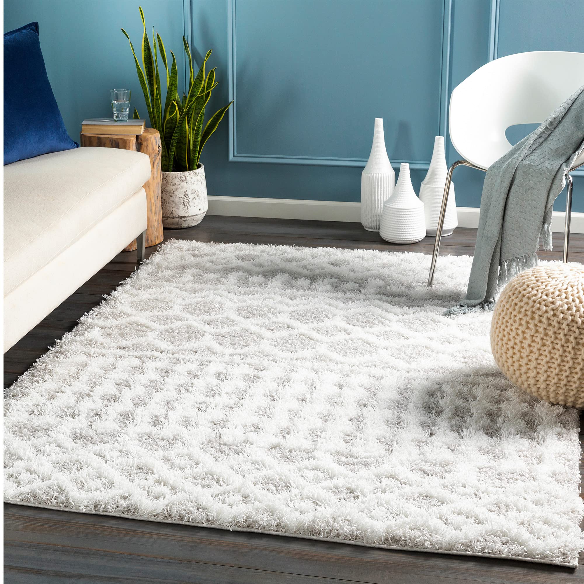 Livabliss Nour Dubai Shaggy Rug - Modern Berber Rugs Living Room, Large 160x220 cm, Soft Shaggy Rugs for Bedroom - Neutral Boho Fluffy Rug, Easy Care Plush Thick Pile - White and Light Grey