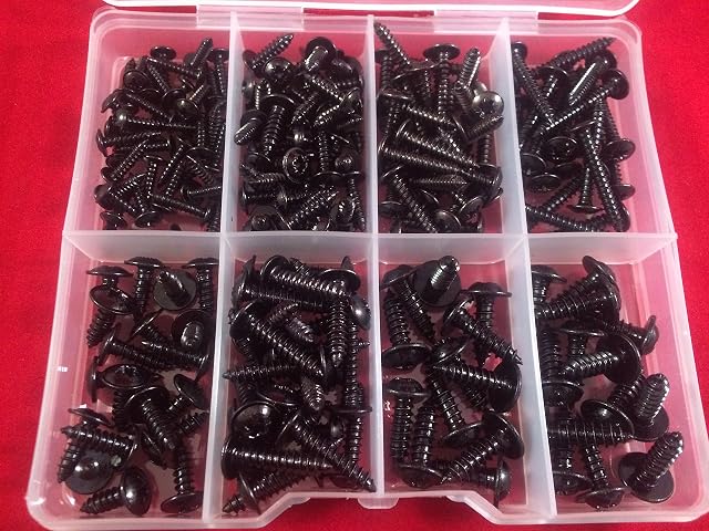 Set of 215 Assorted No.4 6 8 & 10 (2.9, 3.5, 4.2 and 4.8) Black Flange Pozi Pan Self Tapping Screws in a Clear Compartment Box kit