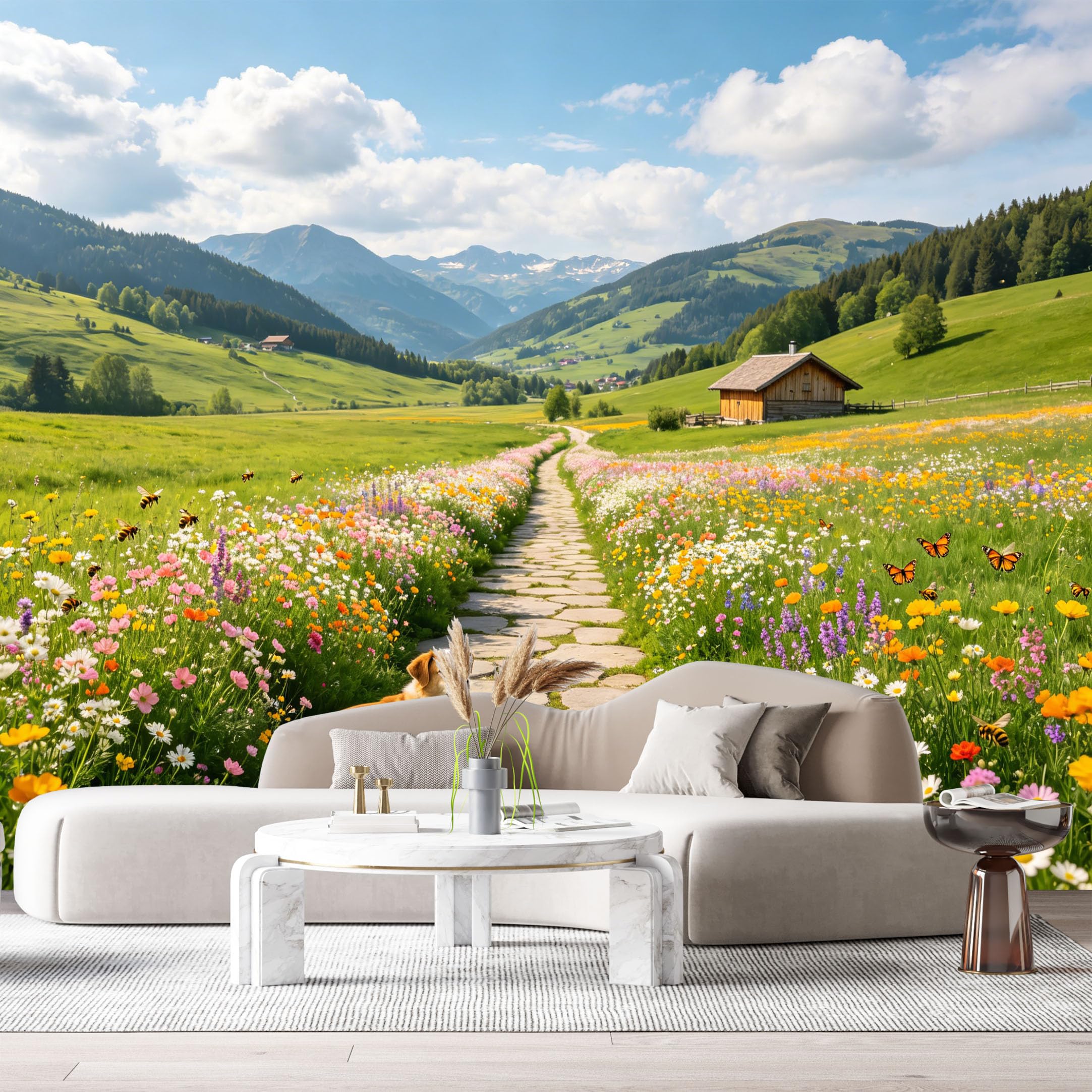 Custom Size Wall Murals Alpine Meadow Landscape Farmhouse Style Mountain Cabin Stone Path SelfAdhesive Wall Fabric Removable Large Wallpaper for Photo Living Room