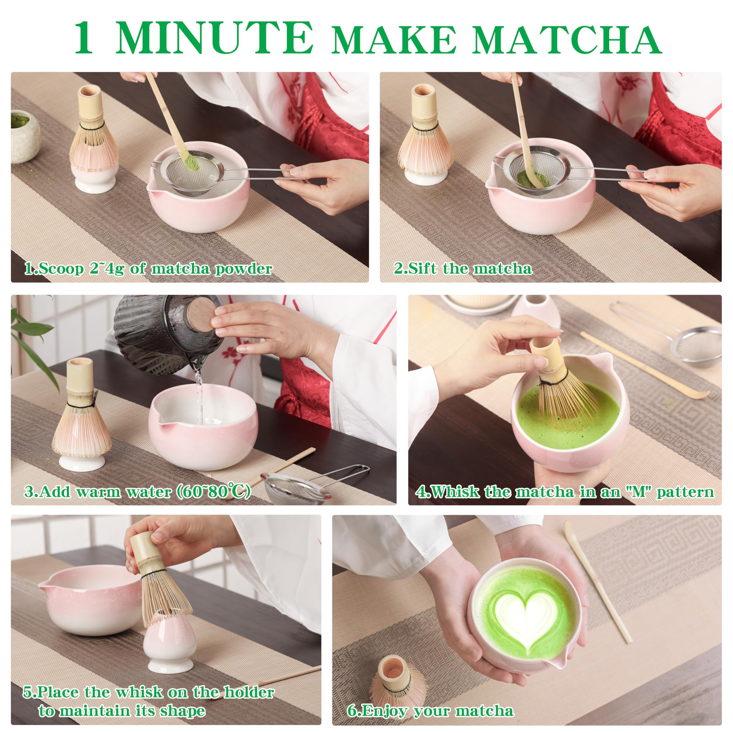Matcha Kit Polvere di gradiente, Set Matcha da 5 Pezzi, Kit Matcha Completo, Accessori per la Cerimonia del Tè Giapponese, Supporto per Frusta Matcha, Confezione Regalo Matcha per Natale