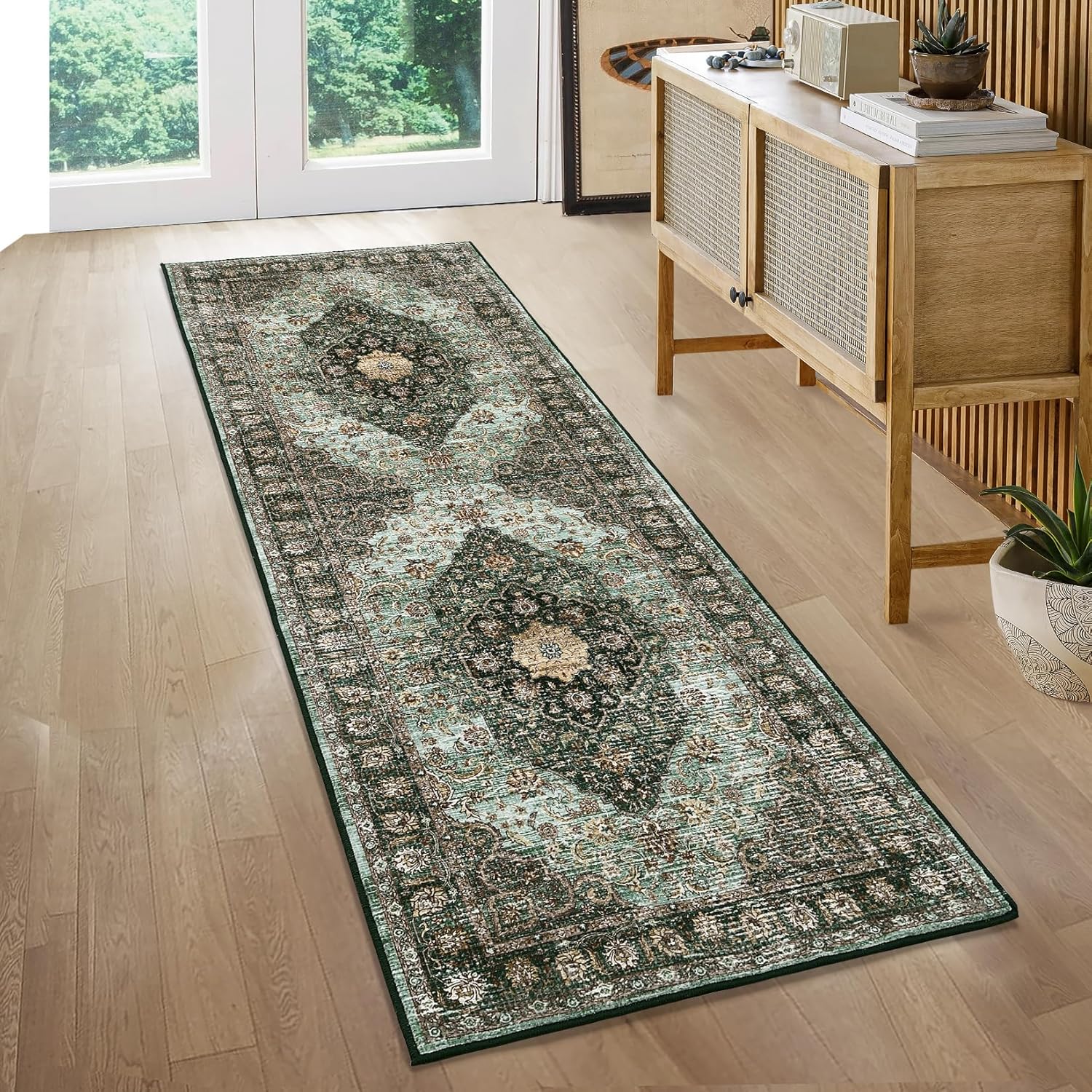 Green Floral 2' x 6' Washable Non-Slip Runner Rug
