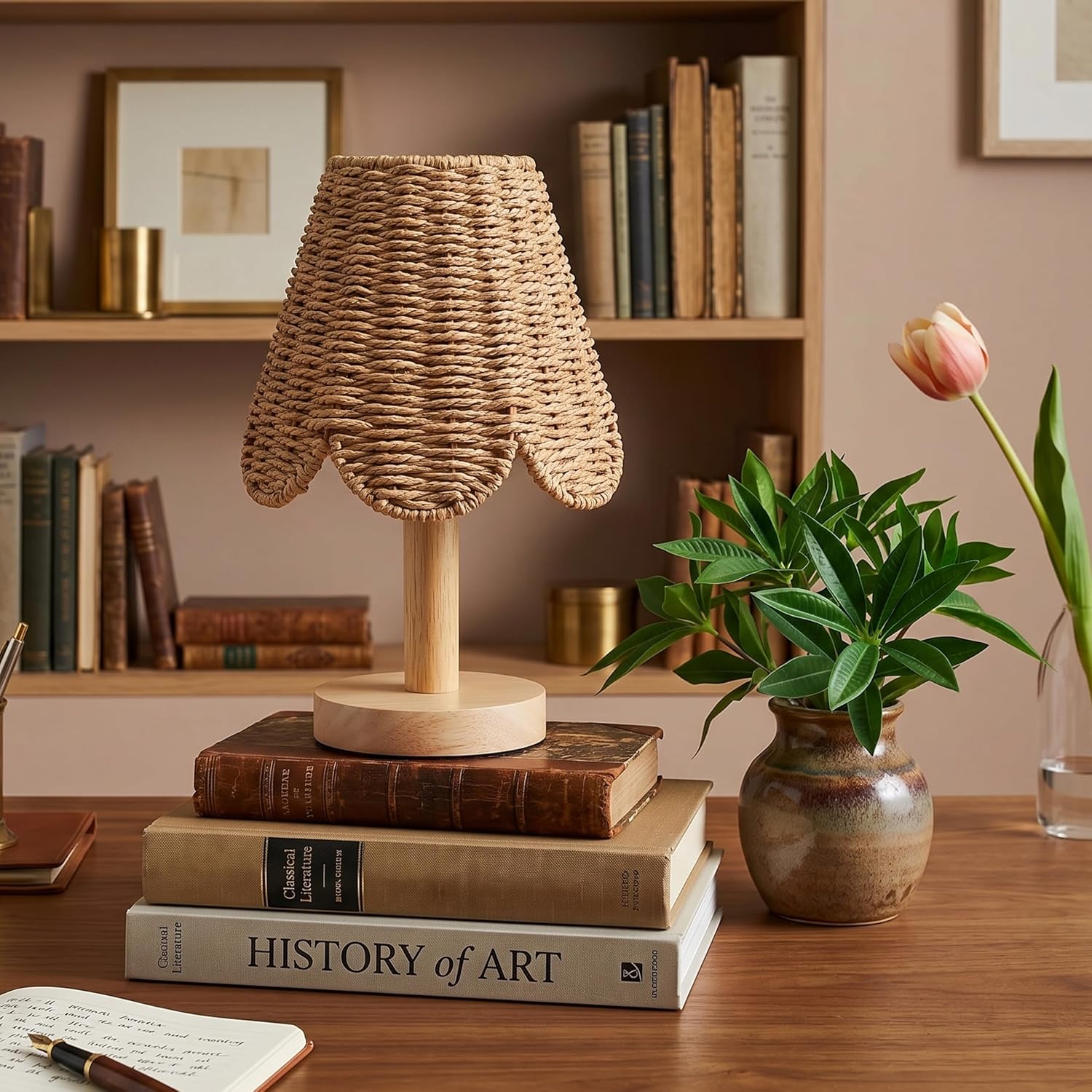 2 Pcs Small Rattan Lamp Shades, Scalloped Woven Lampshade 3"top x 6"bottom x 5-1/4"slant Height Boho Lamp Shade Chandelier or Accent Lamp (E26 Base)