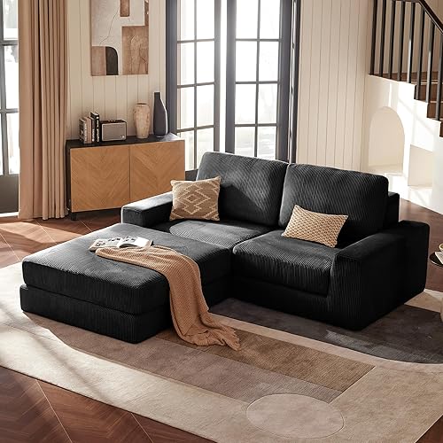 Miniatura 2 de Sofá modular de pana con asiento profundo, sofá modular de pana con otomana, sofás seccionales para sala de estar, no requiere montaje (negro)