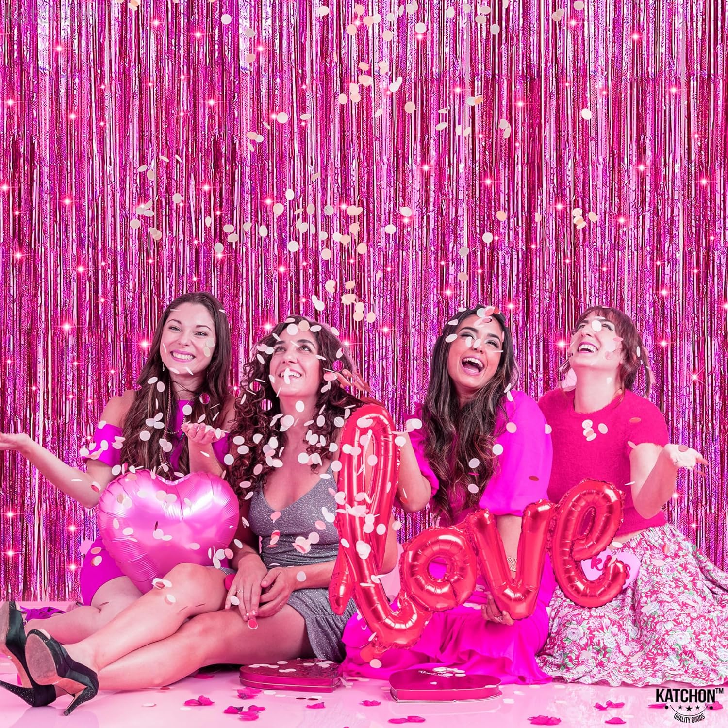 KatchOn, Iridescent Hot Pink Backdrop Curtain - 3.2x8 Feet, Pack of 2 | Pink Balloons for Galentines Day Decorations - Pack of 60 | Happy Valentines Day Garland - 10 Feet No DIY | Valentines Backdrop