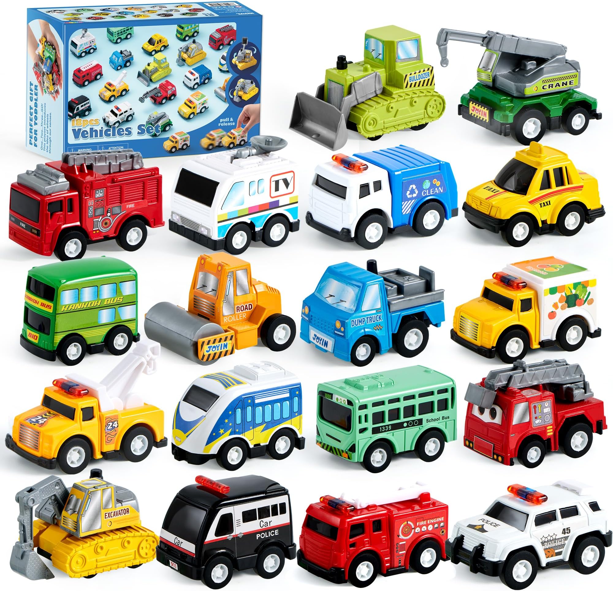 JOYIN 18 Piece Pull Back City Cars and Trucks, Toy Vehicles Set Model Car, Friction Powered Die-Cast Cars for Toddlers, Early Educational Toys Gifts for 3 4 5 6 7 8 Year Old Boys Girls