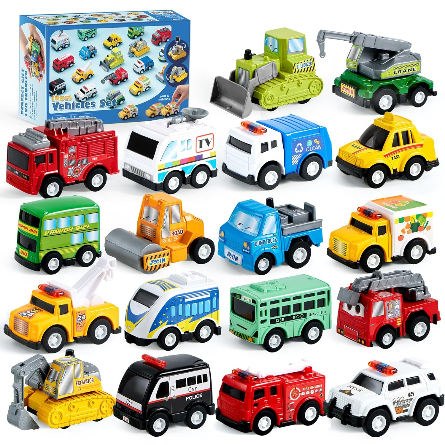 JOYIN 18 Pcs Pull Back City Cars and Trucks Toy Vehicles Set Friction Powered Cars Toys for Toddlers